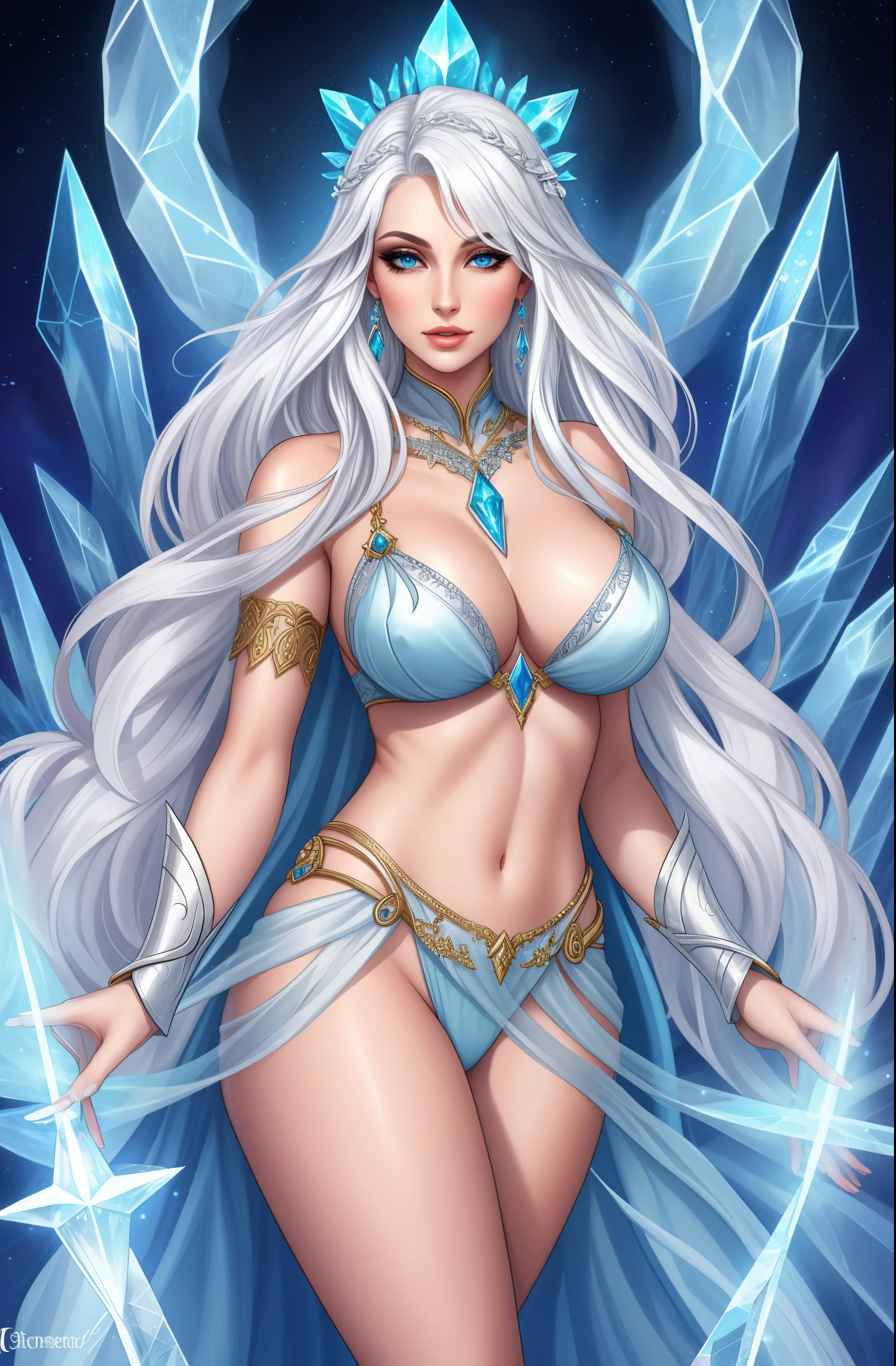 Fantasy Female sorceress, icy white hair, nordic, fair skin, crystals