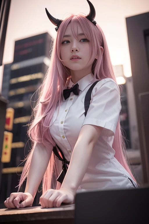 1 girl, Pink Long Hair, Red Horn, blouse with a white collar, black necktie, light  smile, yellow-eyed, medium burn_strength,, buildings,stores,Town streets, Gloomy sky, scenecy,neonlight,nightcity, Japanese lyrics,, , absurd res, 詳細な目, The is very detailed, Volumetriclighting, actual, actual lighting, 8K, 电影灯光, depth of fields, perfect pubic, ultra - detailed, photoactual, ultra actual, actual light, hard lighting, Complicated details, stop motion, Tone-mapping, Focus sharp, ultra - detailed,