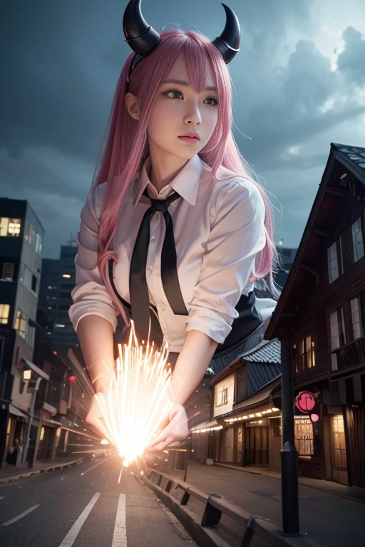 1 girl, pink long hair, red horn, white collared shirt, black tie, light smile, yellow eyes, Keratinous_force,, building,shop,city street, dark sky, scenery,neon sign,City of night, Japanese lyrics,, , disorganized, fine eyes, very detailed, volume lighting, realistic, realistic lighting, 8k, cinematic lighting, Depth of the bounds written, perfection, very detailed, photorealistic, ultra realistic, realistic light, hard lighting, intricate details, stop-motion, tone mapping, sharp focus, very detailed,
