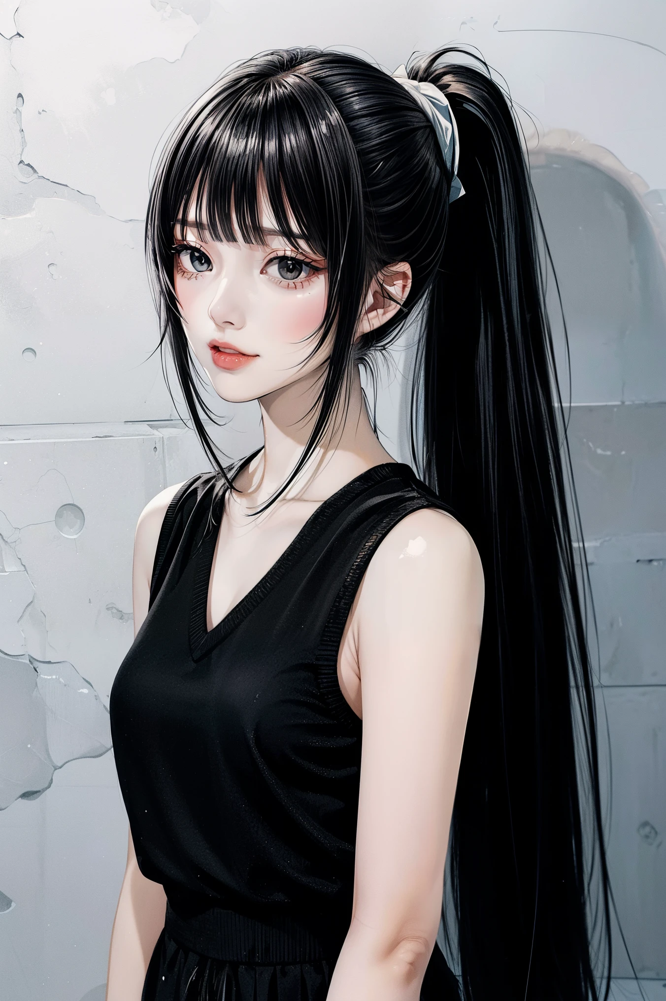 ((Classic blunt bangs:1.1)),Blunt Bangs Hairstyles, blunt bangs round face, Blunt bangs korean, aesthetic korean bangs, Blunt Cut Bangs Straight Long Hair,((High Ponytail:1.5)),(((Blunt bangs,Straight bangs:1.1))),(((Very long black hair, Ridiculously long black hair:1.1)))