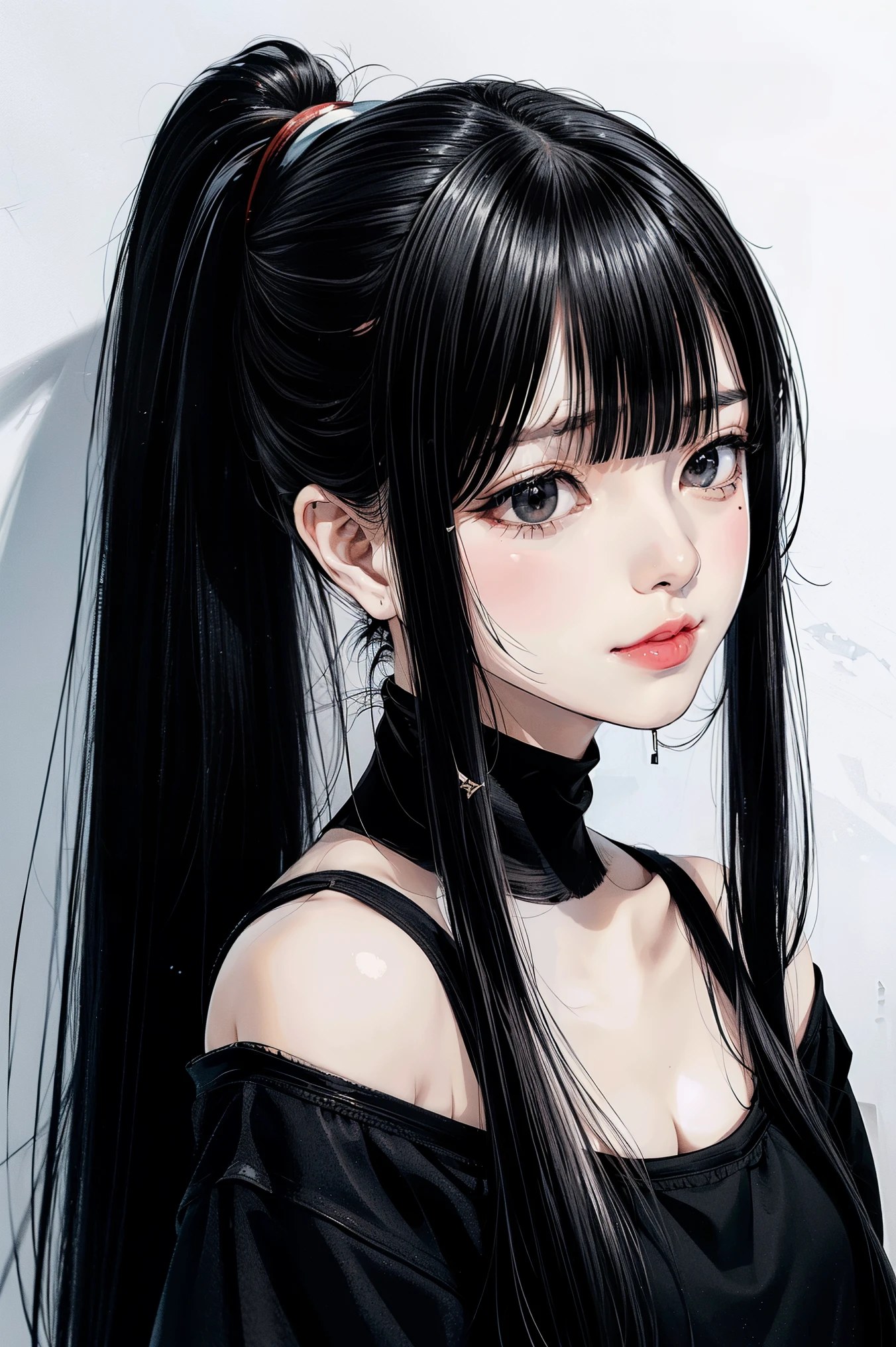 ((Classic blunt bangs:1.1)),Blunt Bangs Hairstyles, blunt bangs round face, Blunt bangs korean, aesthetic korean bangs,  Blunt Cut Bangs Straight Long Hair,((High Ponytail:1.5)),(((Blunt bangs,Straight bangs:1.1))),(((Very long black hair, Ridiculously long black hair:1.1)))