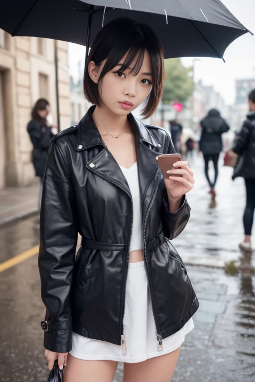 masterpiece, highest quality, figure, {beautiful details girl}, Beautiful shine in every detail, Women&#39;s clothing beauty, (black jacket and trench coat), sunglasses, laughter, fangs removed, vampire, blue eyes, rainy street corner, rain, detailed lighting, detailed water, (detailed and beautiful eyes: 1.1), expressionless palace, (short hair), long bangs, hair between eyes, First half,