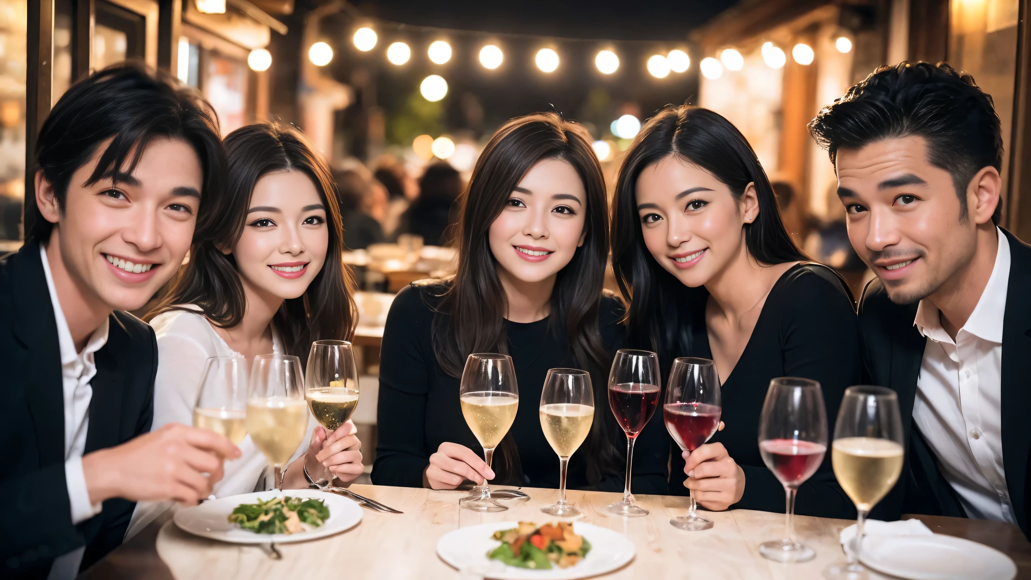 64k, Hmm, highest quality, masterpiece: 1.2), (realistic, photorealistic: 1.37), Super detailed, celebration party、beauty、charm、beautiful mature woman、3 women who love wine、three men、Champagne、sparkling wine、winter night、restaurantでワイン宴会、(slimな男女4名),(Wine party for 5 people)、(slimフェイス),Happy、 最高なsmile、Fox face、Raccoon face、Berry Short、(because I'thin), (brown hair), (shortcut), long sleeve shirt、winter fashion、Columbia、Brazilian、Japanese、Dutch、German、Portuguese、Belgian、Italian、French, (Squirting), (slimボティ), (brown hair), (shortcut), 端正なbeauty、cheeks turn a little red, (41 years old), 38 years old, 35 years old、32 years old、 43 years old、A beautiful and detailed night view spreads out outside the window.........., restaurant, wine glassが座っている, At night, in a prominent place (from the Upper body) nova frog style, actress, model, Upper body, White wine, slim, wine glass, Very beautiful night view, wine glass Put in the Middle, Happy smile, (smile: 1.15),