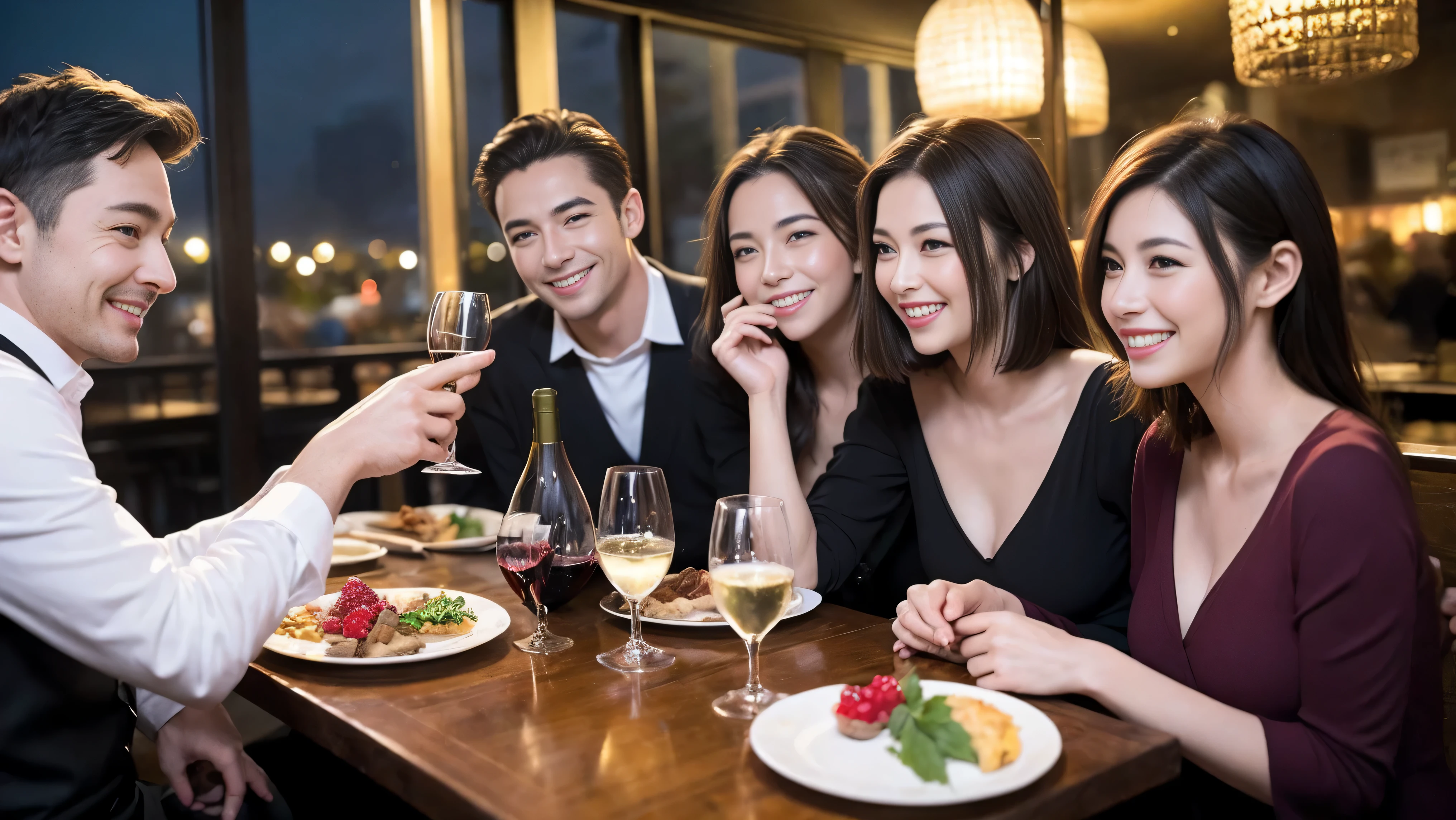 64k, Hmm, highest quality, masterpiece: 1.2), (realistic, photorealistic: 1.37), Super detailed, celebration party、beauty、charm、beautiful mature woman、3 women who love wine、three men、Champagne、sparkling wine、winter night、restaurantでワイン宴会、(slimな男女4名),(Wine party for 5 people)、(slimフェイス),Happy、 最高なsmile、Fox face、Raccoon face、Berry Short、(because I&#39;thin), (brown hair), (shortcut), long sleeve shirt、winter fashion、Columbia、Brazilian、Japanese、Dutch、German、Portuguese、Belgian、Italian、French, (Squirting), (slimボティ), (brown hair), (shortcut), 端正なbeauty、cheeks turn a little red, (41 years old), 38 years old, 35 years old、32 years old、 43 years old、A beautiful and detailed night view spreads out outside the window.........., restaurant, wine glassが座っている, At night, in a prominent place (from the Upper body) nova frog style, actress, model, Upper body, White wine, slim, wine glass, Very beautiful night view, wine glass Put in the Middle, Happy smile, (smile: 1.15), 