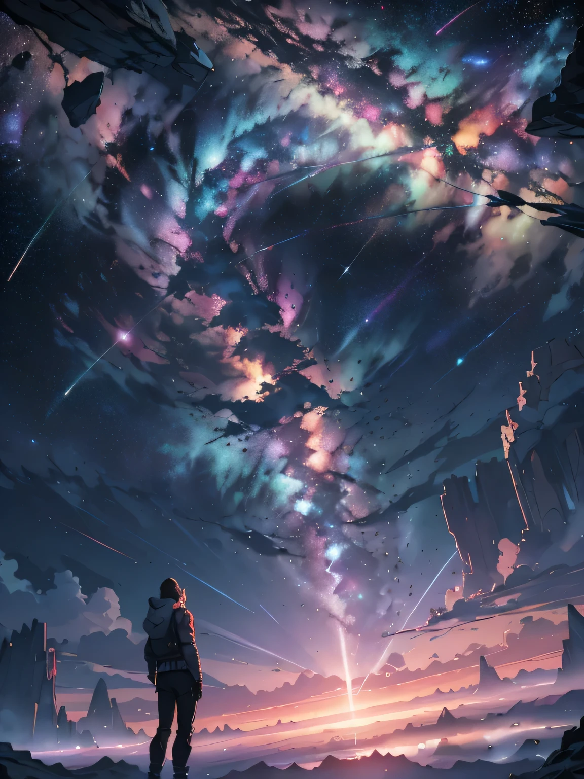 a boy,in a desert,traveller,wearing white oversize hoodie,looking up in the sky,night,time,contemplating,moon,stars,starry sky,(best quality,4k,8k,highres,masterpiece:1.2),ultra-detailed,(realistic,photorealistic,photo-realistic:1.37),lonely,outdoor,desolate,adventure,exploring,curiosity,mysterious,remote,tired,vastness,darkness,silence,majestic,peaceful,vivid colors,distinct,sharp focus,physically-based rendering,shadows and highlights,wanderlust,deep in thought,serene,tranquil,harmony,nature scenery,soft light,calmness,uninhabited,mental escape,simplicity,distance,limited resources,night sky,peaceful solitude,quiet contemplation
