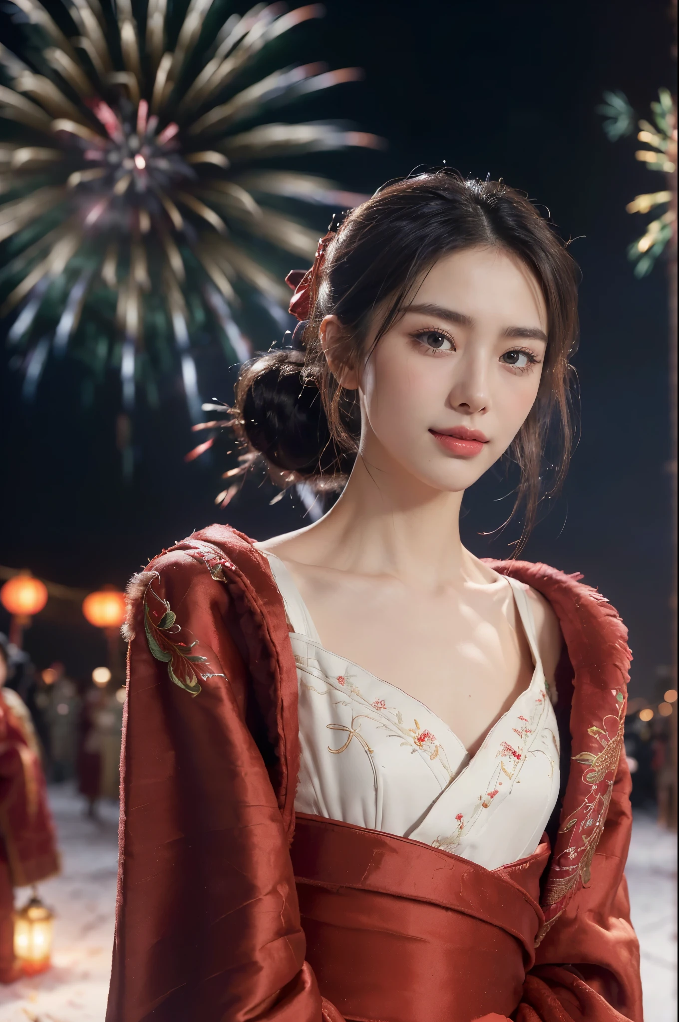 ((((8k))),((Extremely meticulous CG)) ,(wallpaper),16k,((Extremely refined and beautiful)),(((Masterpiece))),(((best qualtiy))),(((Ultra High Resolution))),beautiful light up,Perfect lightning,realistic shaded,[A high resolution],(Smooth and flawless fair skin:1.5),(pale skin:1.3),Extremely exquisite facial details,(perfect body:1.1),ultra-detailed,A beautiful girl,solo,(small head:1.2),(short ponytail:1.1),(small face:1.2),Exquisite makeup,(small breasts:1.2),(flat chests:1.2),((slim,thin)),happy,(smile:1.2),(fur collar:1.2),(Gorgeous Exquisitely embroidered fur edged red robe:1.5),(red hakama:1.2),(night scene:1.3),(bright full moon:1.3),(outdoor:1.2),(On the street:1.3),(In ancient Chinese town:1.3),(ablaze with lights:1.3),(lanterns:1.2),(detailed background:1.5),(standing:1.3),(arms behind back:1.3),(close-up of face:1.3),(from front:1.3),(surrounded by crowded crowds:1.5),(winter:1.3),(the sky is full of fireworks:1.3)