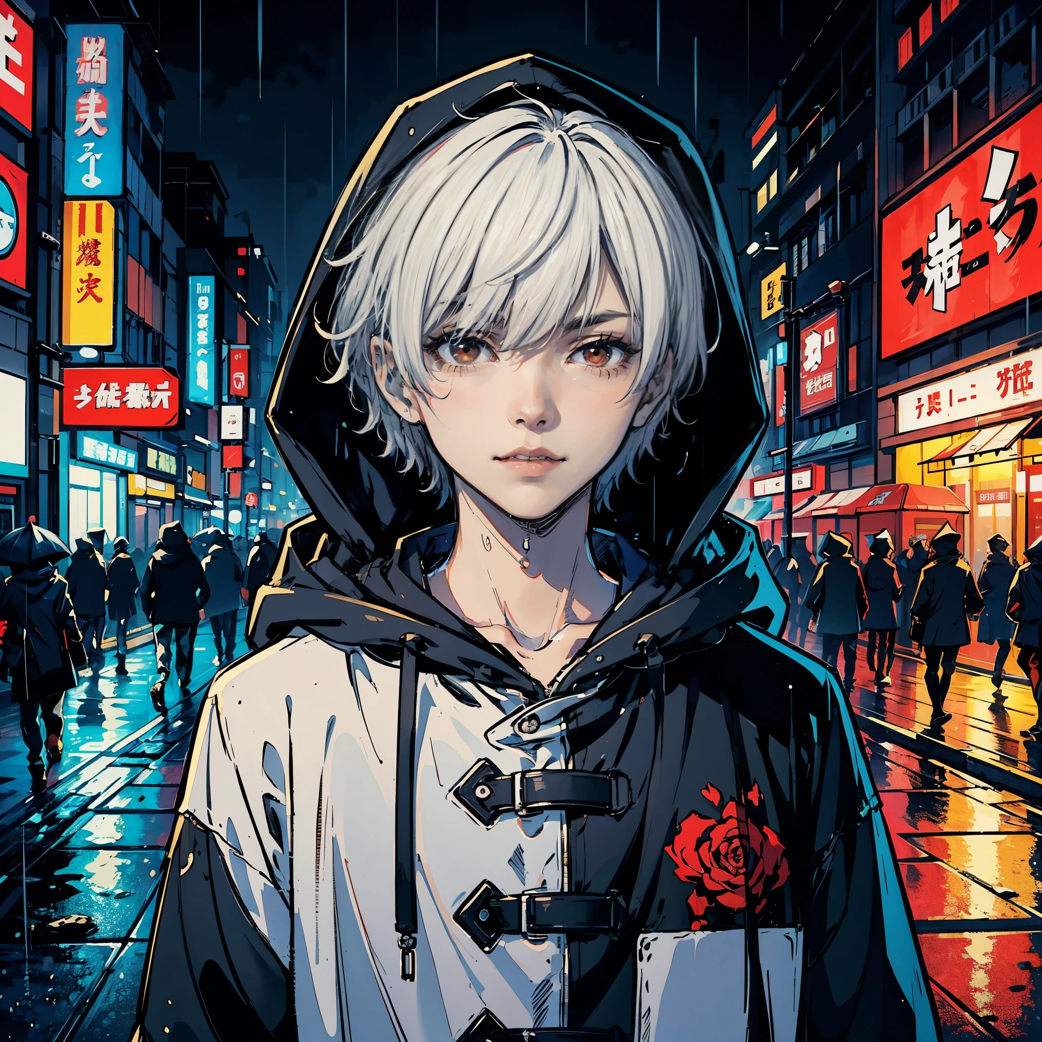 kk, best quality, more details, masterpiece, 1 boy, kaneki ken, portrait, male focus, red eyes, solo, bangs, look at viewer, hood, short hair, rain, tokyo tokyo \(city\), hood, nail polish, white hair, luxurious, 8k, detailed, ray tracing, depth of field, cinematic lighting,