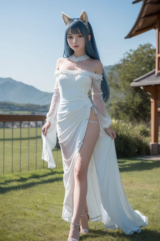 ((masterpiece, highest quality)),(figure),(detailedlight),((very delicate and beautiful)),1 girl,godolphin arabian,long hair,blue hair,green eyes,horse ears,Uma Musume,hair_ornament,white dress, bare shoulders, ,No sleeve,evening dress,long dress,outdoors, light,blue sky, horizon, grassland, wild