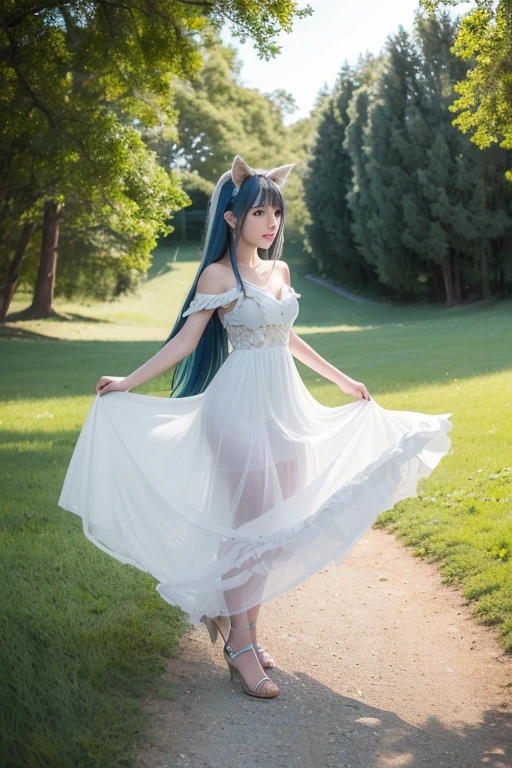 ((masterpiece, highest quality)),(figure),(detailedlight),((very delicate and beautiful)),1 girl,godolphin arabian,long hair,blue hair,green eyes,horse ears,Uma Musume,hair_ornament,white dress, bare shoulders, ,No sleeve,evening dress,long dress,outdoors, light,blue sky, horizon, grassland, wild