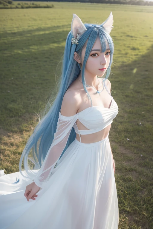 Best quality at best,超高分辨率,(真实感:1.4),(beuaty girl:1.4),looking_at_viewer,Detailed facial details,Beautiful detailed eyes,light blue hair,Light purple eyes,slim,haunting smile,Red horns,Wearing a white and blue wedding dress,Behind it is a white rose,(Makeup:0.3),Redlip,Very meticulous clothes,(ulzzang-6500-v1.1:0.3),Sweet rain(the original god)