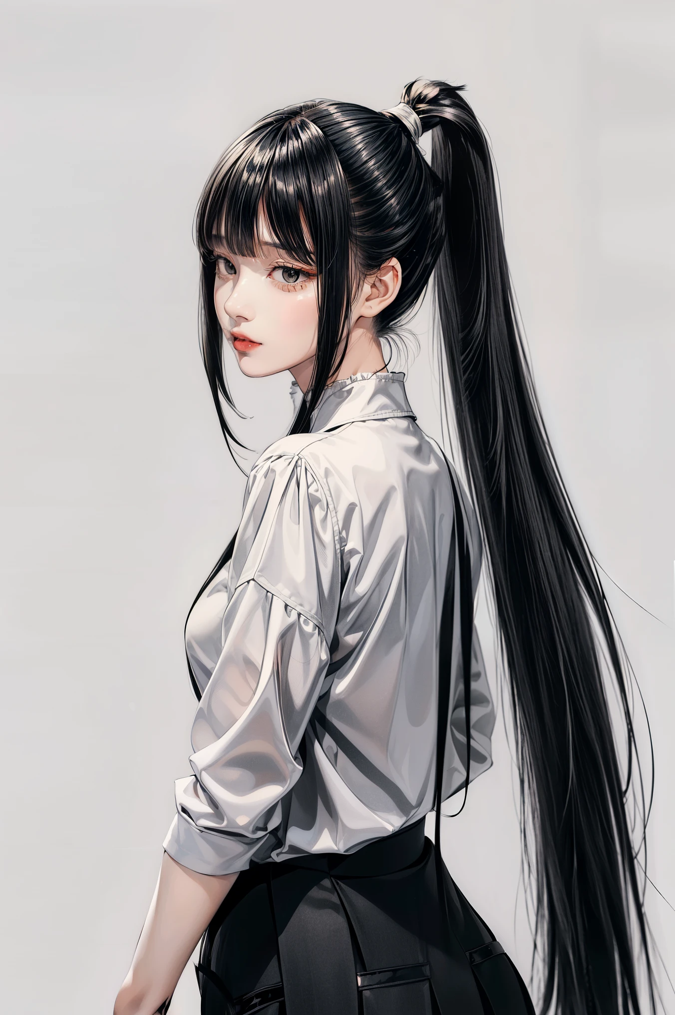 ((Classic blunt bangs:1.1)),Blunt Bangs Hairstyles, blunt bangs round face, Blunt bangs korean, aesthetic korean bangs,  Blunt Cut Bangs Straight Long Hair,((High Ponytail:1.5)),(((Blunt bangs,Straight bangs:1.1))),(((Very long black hair, Ridiculously long black hair:1.1)))
