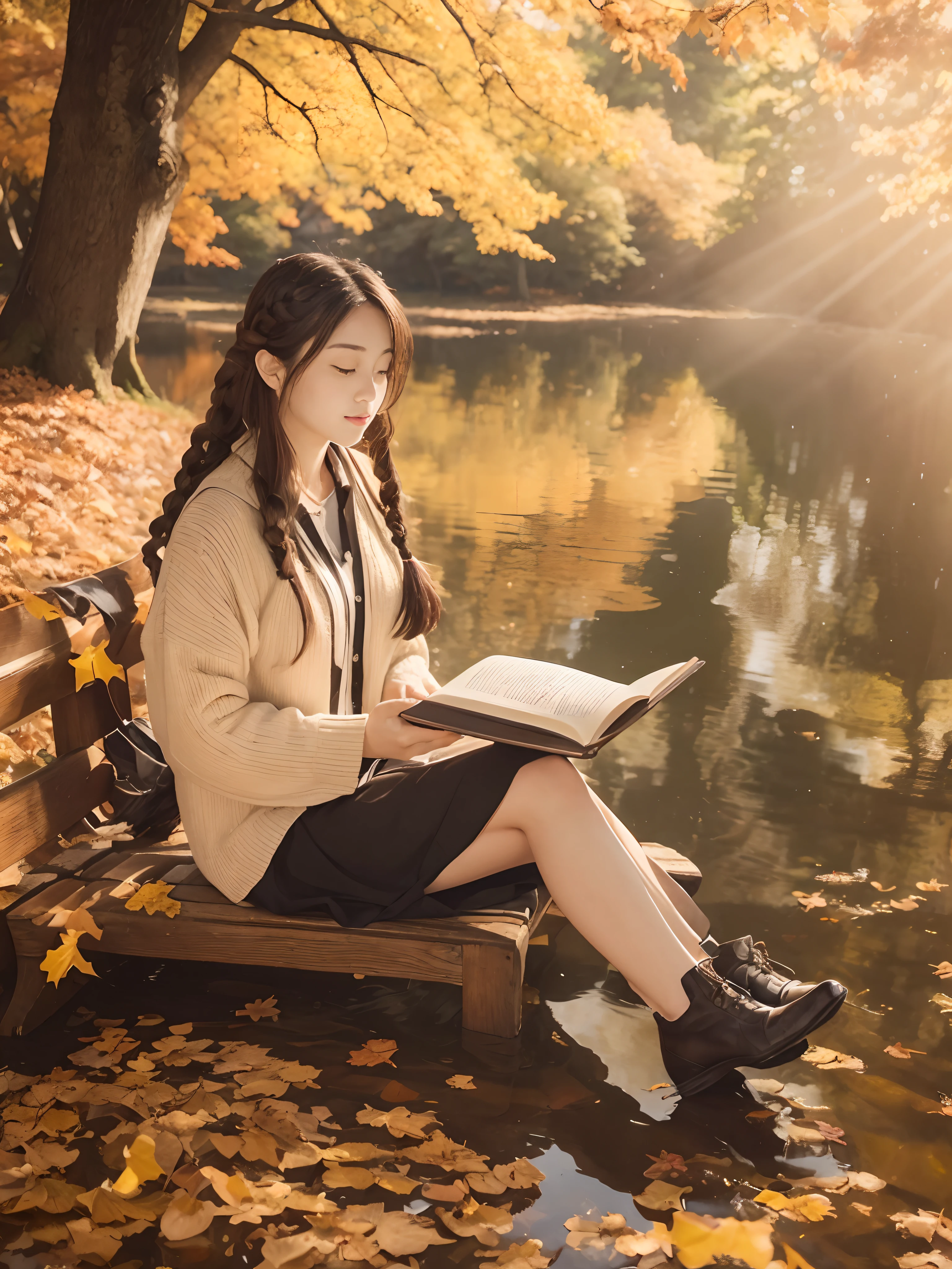 (((nffsw))), (((masutepiece))), (((8K))), (((hight resolution))), (((photographrealistic))), god rays, Zoom Layer, (((FULL BODYSHOT))), F/4.0, canon, Shiny skin,Detailed skin,Detailed face, Detailed eyes, Japan actress at the age of 18, A clear pond surrounded by autumn leaves, Sitting on a bench by a pond reading a book, Smaller chest, braid hair, Thin glasses, Light brown shirt, Long skirt with gingham check, White Socks, Brown shoes, Beautiful autumn leaves, Bright red and yellow autumn leaves fall, reddish and surrounded by a forest of autumn leaves, relaxed expression, Pleasant weather, blue open sky, white clouds, Birds flying far away