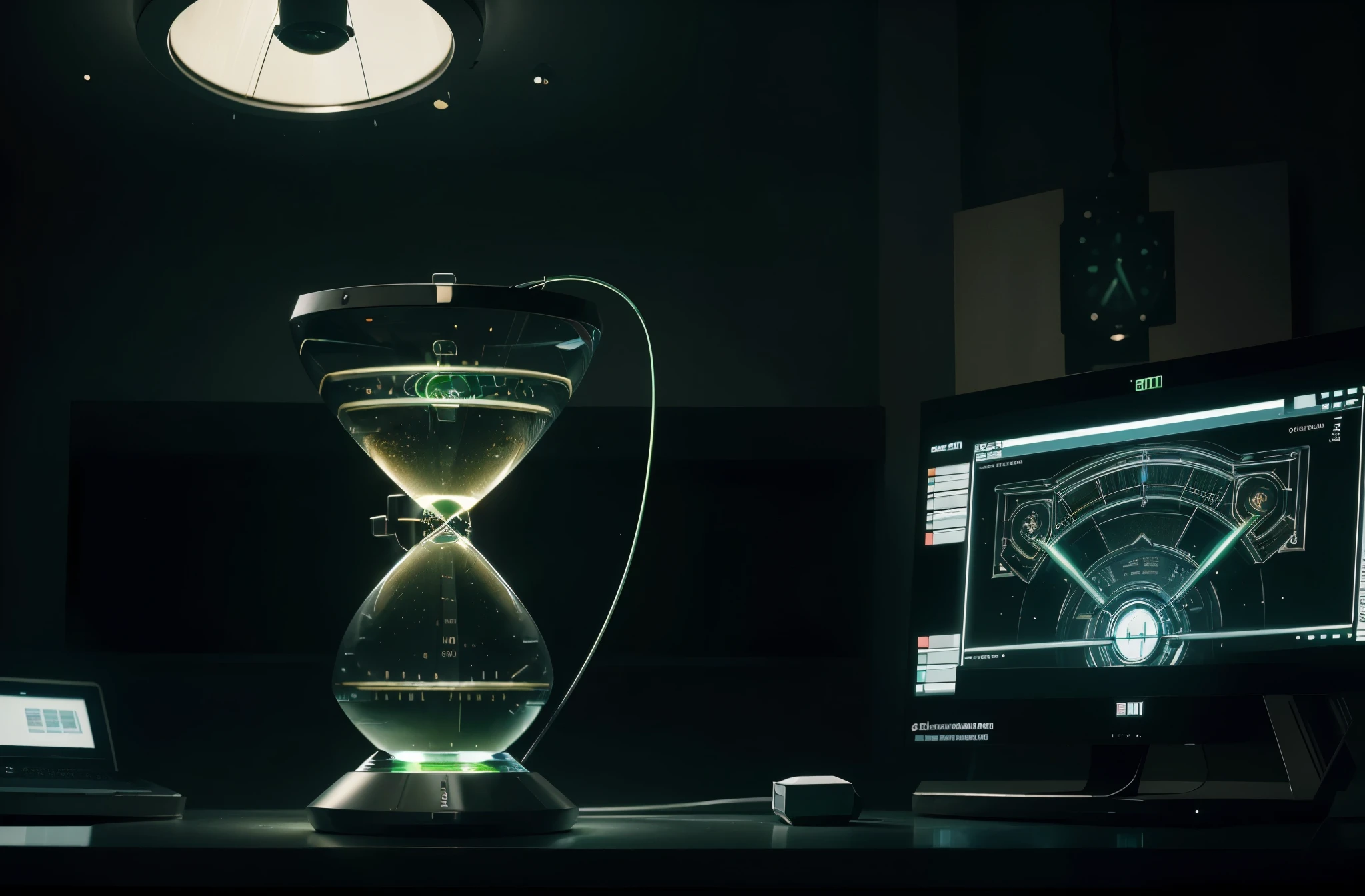 (best quality,4k,8k,highres,masterpiece:1.2),ultra-detailed,realistic:1.37, Super technologic hourglass in an ultra-modern studio,circuits around the glass,black and green colors,studio lighting,vivid colors,physically-based rendering,sharp focus,detailed circuits,green and black color scheme,modern and sleek design,meticulously crafted glass,smooth and polished surface,reflections of light,innovative technology that powers the hourglass,time is ticking fast,precision-engineered circuitry,high-tech materials,ultra-fine painting,portraits,concept artists.