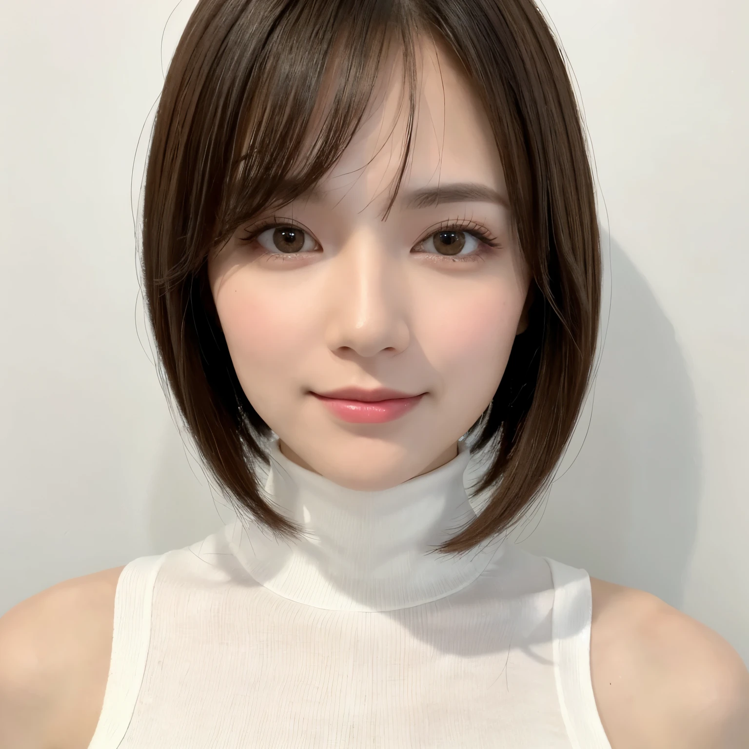 (highest quality、table top、8k、best image quality、Award-winning work)、One cute beauty、short hair、(alone:1.15)、(White fitted sleeveless turtleneck knit:1.2)、(The simplest pure white background:1.2)、(Perfectly fixed at the front:1.1)、close up of face、(very big breasts:1.2)、(emphasize body line:1.2)、close up of face、(Perfect female frontal and horizontal portrait with proper margins:1.2)、(Perfect expression of a woman whether viewed from the side or from the front:1.2)、beautiful and detailed eyes、look at me and smile、(Upright photo from the chest up:1.2)、(turn around and look straight at me:1.2)、perfect makeup、Ultra high definition beauty face、ultra high definition hair、Super high-definition sparkling eyes、Super high resolution perfect teeth、Super high resolution glossy lips、accurate anatomy、very beautiful skin、(Pure white skin shining in ultra-high resolution:1.1)、Elegant upright posture when viewed from the front、(very bright:1.2)、(very strong exposure:1.2)、(Very bright and low color temperature:1.2)