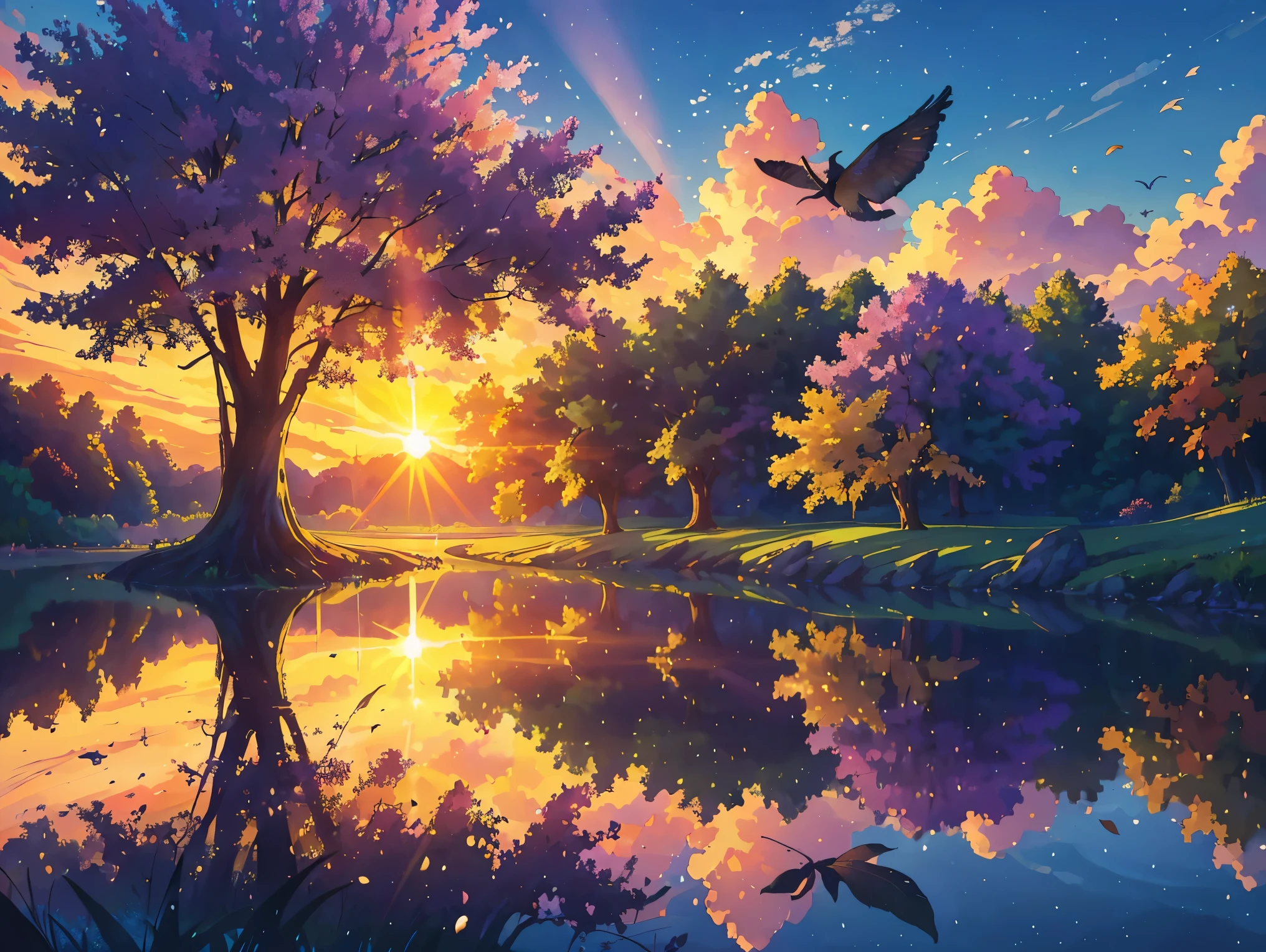 (best quality,4k,8k,highres,masterpiece:1.2),ultra-detailed,(realistic,photorealistic,photo-realistic:1.37),sunset,illustration,oil painting,beautifully detailed scene,vibrant colors,soft lavender sky,orange,red,yellow,lilac,purple,green,blue,scenic garden with flourishing flowers,serene atmosphere,gentle breeze,birds flying freely,majestic trees standing tall,sun slowly setting on the horizon,captivating view of nature,tranquil reflection in a small pond,colorful rays of sunlight shining through the leaves,golden sunlight casting a warm glow,peaceful and serene mood,magical harmony of colors,unforgettable and mesmerizing scenery