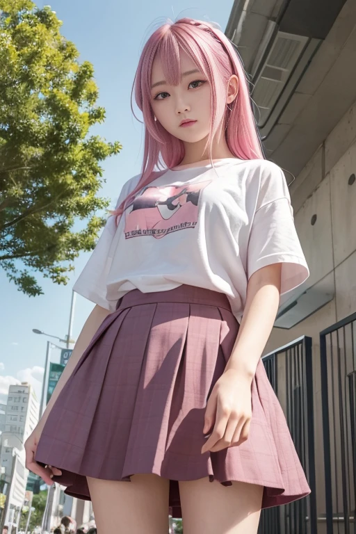 masterpiece, highest quality, High resolution, disorganized, 1 girl, crowd, skirt, pink hair, gasai yuno, from below, revealing clothes, skin dents, outdoors, sunlight, street, looking at the viewer, blush,