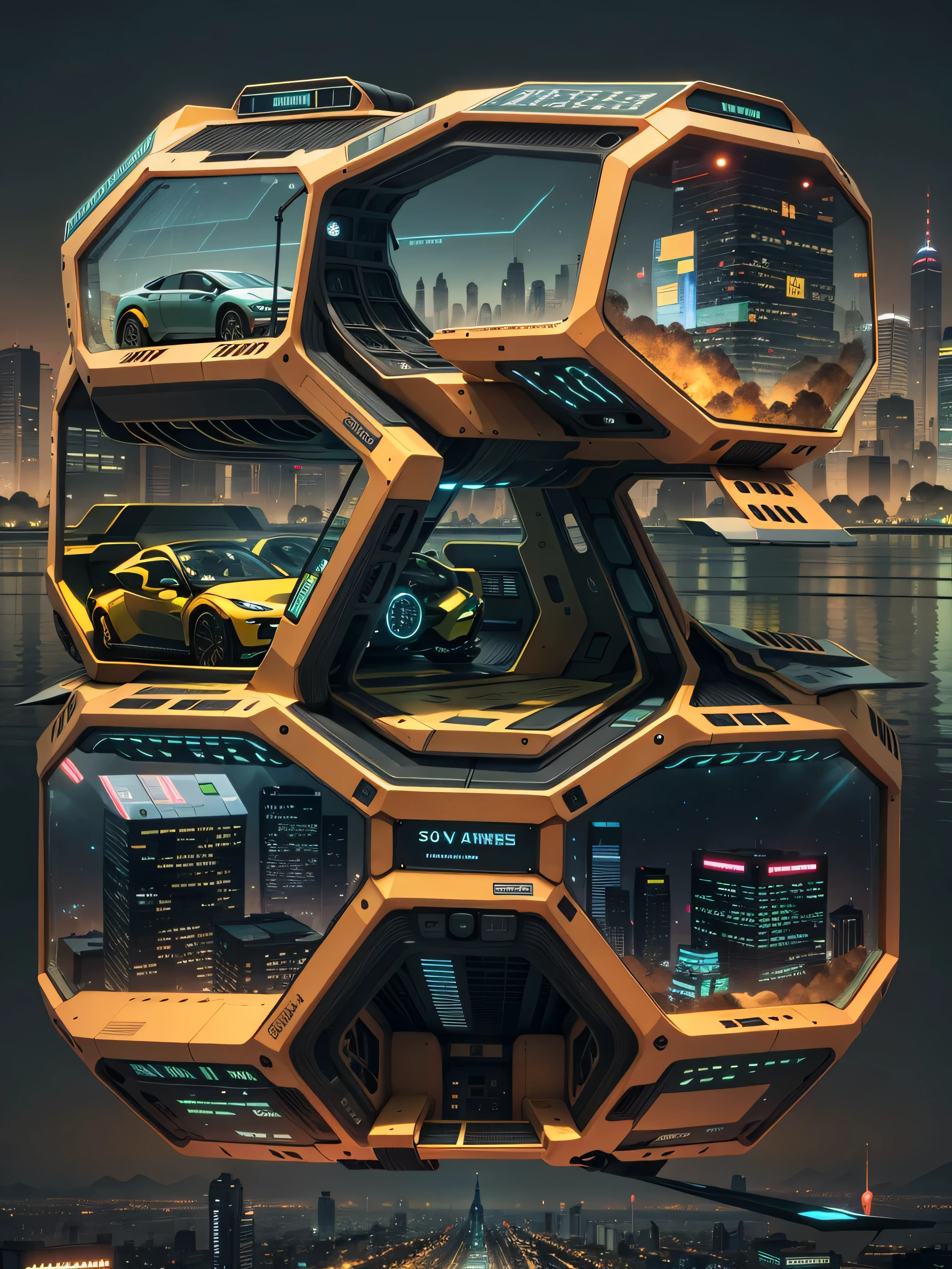 The floating cells of the future of transportation, actual, Work, cyberpunk, HOVERcar STYLE, car, flight, Air,City, street, THROUGH THE Air, drive, High, building, Ski facilities, CitySCAPE,Used to travel between universes,Beehive logo on the cabin,Each space has a different division of labor,Traveling the universe background,Generate three views of the spacecraft in the figure