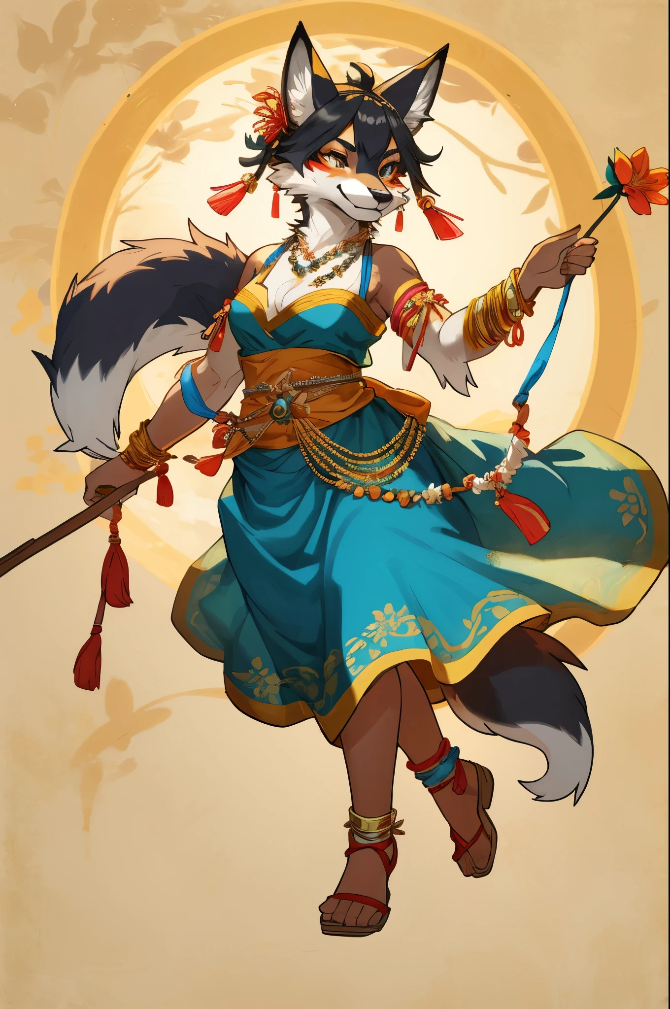 top quality, ancient Chinese beauty(highly detailed beautiful face and eyes)absurdres, perfect anatomy((beast woman, solo focus)) (((furry))) (furry anthro:1.7) ((((Furry body, fox facial features, fox body features)))) ((fox's muzzle, very detailed body fur))full body, dancing pose, gorgeous dress embroidered with intricate embroidery, transparent colorful ribbons tied around her arms, bare shoulders, open neck, wreath, black bun with flower hairpins Belts, armbands with streamers, necklaces, bracelets, anklets, metal chain tassels around the waist, Mogao Grottoes art, inspiration from Dunhuang Flying Apsaras murals, ink wash,