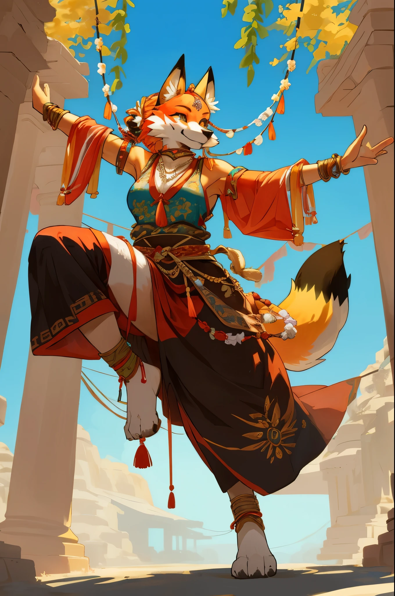 top quality, ancient Chinese beauty(highly detailed beautiful face and eyes)absurdres, perfect anatomy((beast woman, solo focus)) (((furry))) (furry anthro:1.7) ((((Furry body, fox facial features, fox body features)))) ((fox's muzzle, very detailed body fur))full body, dancing pose, gorgeous dress embroidered with intricate embroidery, transparent colorful ribbons tied around her arms, bare shoulders, open neck, wreath, black bun with flower hairpins Belts, armbands with streamers, necklaces, bracelets, anklets, metal chain tassels around the waist, Mogao Grottoes art, inspiration from Dunhuang Flying Apsaras murals, ink wash,