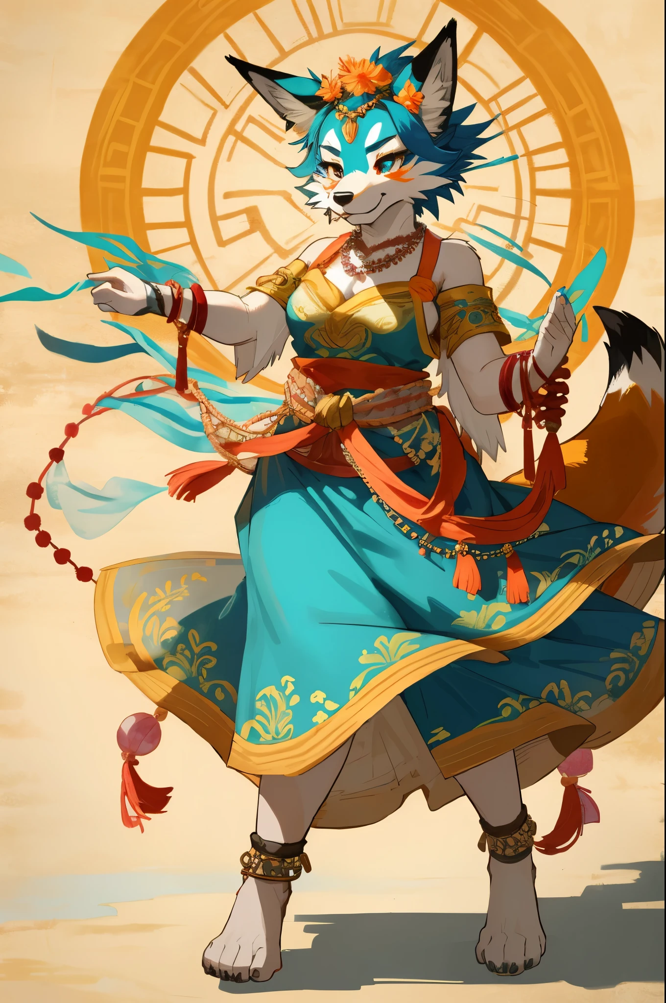 top quality, ancient Chinese beauty(highly detailed beautiful face and eyes)absurdres, perfect anatomy((beast woman, solo focus)) (((furry))) (furry anthro:1.7) ((((Furry body, fox facial features, fox body features)))) ((fox's muzzle, very detailed body fur))full body, dancing pose, gorgeous dress embroidered with intricate embroidery, transparent colorful ribbons tied around her arms, bare shoulders, open neck, wreath, black bun with flower hairpins Belts, armbands with streamers, necklaces, bracelets, anklets, metal chain tassels around the waist, Mogao Grottoes art, inspiration from Dunhuang Flying Apsaras murals, ink wash,