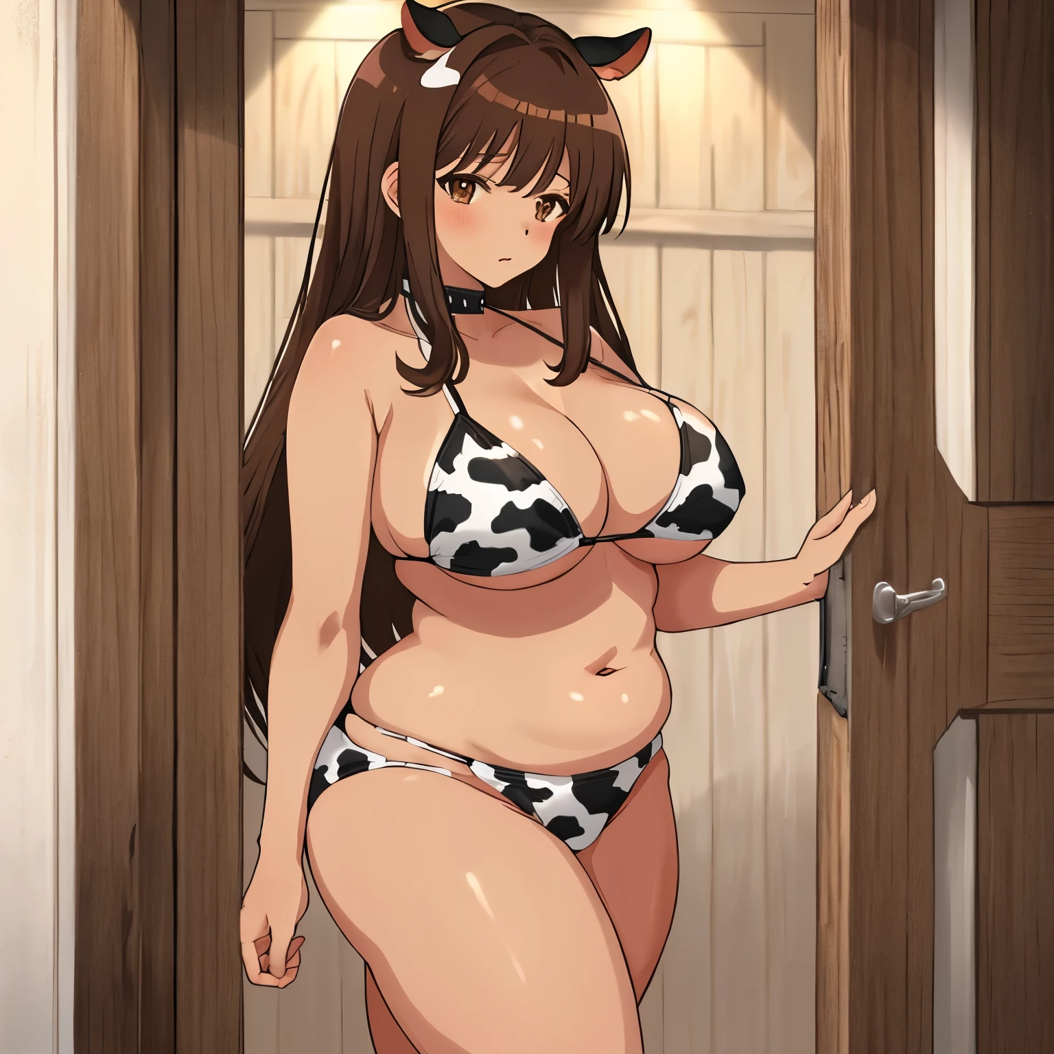 Anime, tan skin, masterpiece, best quality, 1 girl, chubby, thick, thicc, cow girl, cowprint bikini, brown hair, brown eyes, long hair, sharp details, tall, mature woman, in a barn