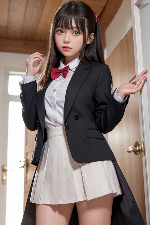 Arya, 1 girl, alone, long hair, blue eyes, Ahoge, bow, looking at the viewer, red bow, Jacket, bowtie, long sleeve, chest, shirt, open Jacket, red bowtie, door, cowboy shot, collared shirt, indoors, school uniform, gray hair, Are standing, open clothes, skirt, bangs, dress, grey Jacket, black dress, blush, pleated skirt, parted lips, medium chest, pleated dress, white shirt, hair between eyes, white Jacket, raise your hand, blazer, black skirt, thighs, open door, corridor