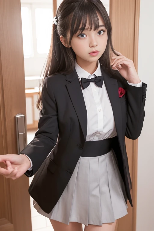 Arya, 1 girl, alone, long hair, blue eyes, Ahoge, bow, looking at the viewer, red bow, Jacket, bowtie, long sleeve, chest, shirt, open Jacket, red bowtie, door, cowboy shot, collared shirt, indoors, school uniform, gray hair, Are standing, open clothes, skirt, bangs, dress, grey Jacket, black dress, blush, pleated skirt, parted lips, medium chest, pleated dress, white shirt, hair between eyes, white Jacket, raise your hand, blazer, black skirt, thighs, open door, corridor