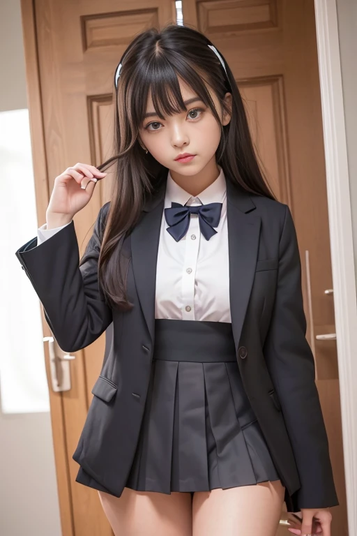 Arya, 1 girl, alone, long hair, blue eyes, Ahoge, bow, looking at the viewer, red bow, Jacket, bowtie, long sleeve, chest, shirt, open Jacket, red bowtie, door, cowboy shot, collared shirt, indoors, school uniform, gray hair, Are standing, open clothes, skirt, bangs, dress, grey Jacket, black dress, blush, pleated skirt, parted lips, medium chest, pleated dress, white shirt, hair between eyes, white Jacket, raise your hand, blazer, black skirt, thighs, open door, corridor
