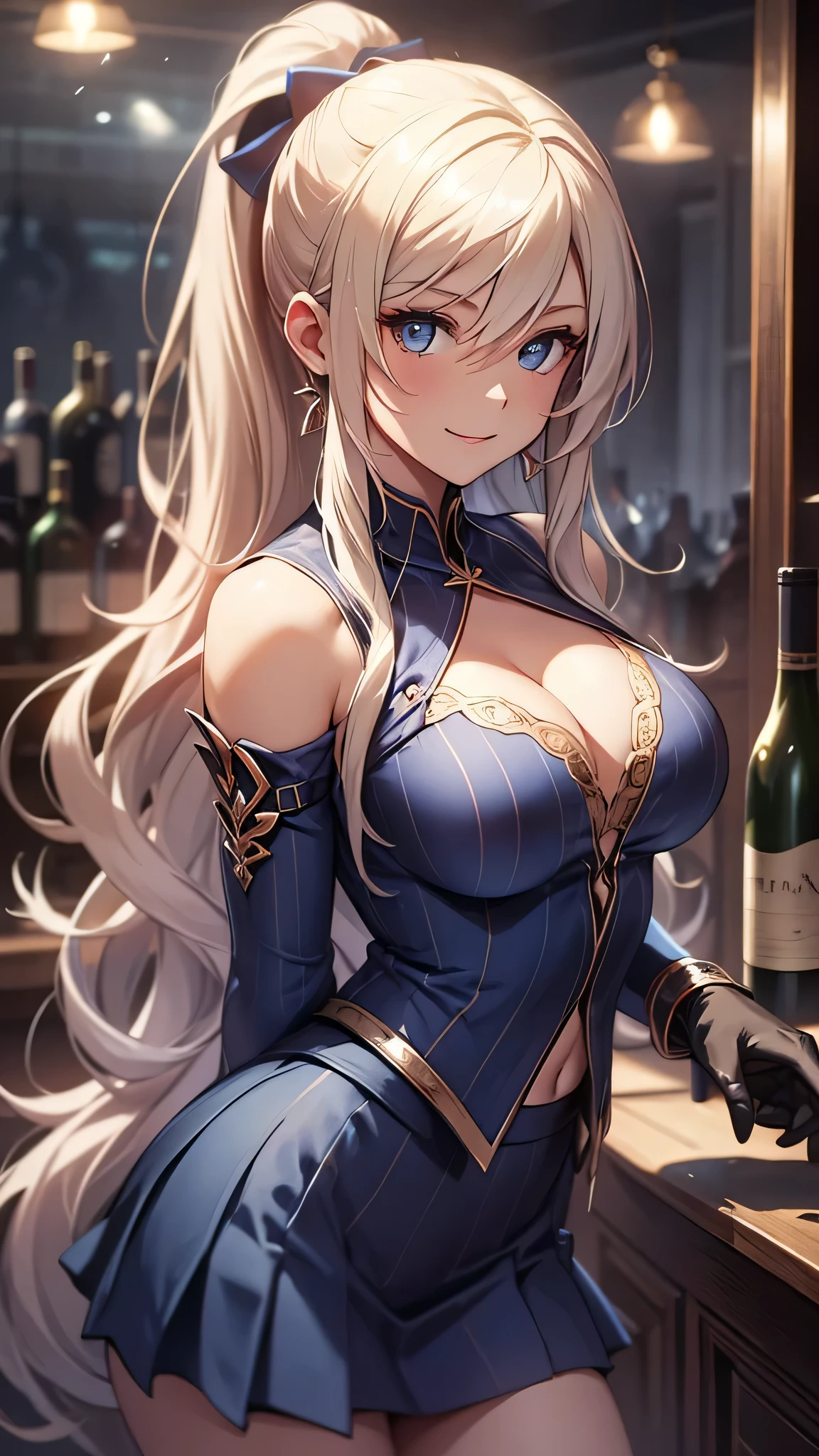 最high quality、best image quality、masterpiece、age girl((20-year-old、 By becoming、vest bust、medium bust,wide open breast tea、shining eyes, blonde hair、long hair、thin,highest valley、ponytail、bartender costume skirt、holding a wine bottle、smile、black gloves、chest holder、breastfeeding、leaning forward)),high quality、beautiful art、background((night bar))debris flies、Depth of written boundary、movie、visual art、perfect art、8k,genuine、