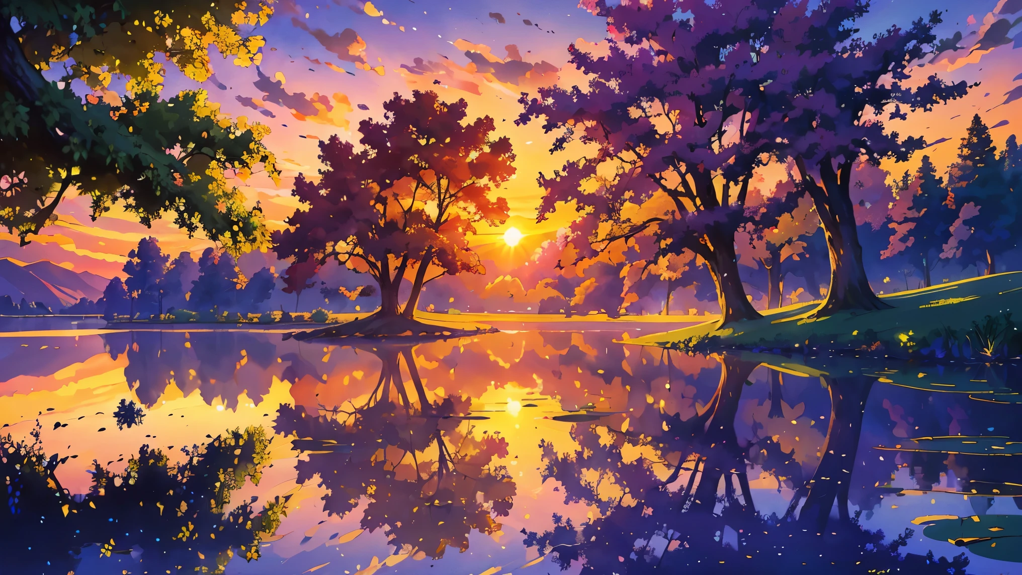 (best quality,4k,8k,highres,masterpiece:1.2),ultra-detailed,(realistic,photorealistic,photo-realistic:1.37),sunset,illustration,oil painting,beautifully detailed scene,vibrant colors,soft lavender sky,orange,red,yellow,lilac,purple,green,blue,scenic garden with flourishing flowers,serene atmosphere,gentle breeze,birds flying freely,majestic trees standing tall,sun slowly setting on the horizon,captivating view of nature,tranquil reflection in a small pond,colorful rays of sunlight shining through the leaves,golden sunlight casting a warm glow,peaceful and serene mood,magical harmony of colors,unforgettable and mesmerizing scenery