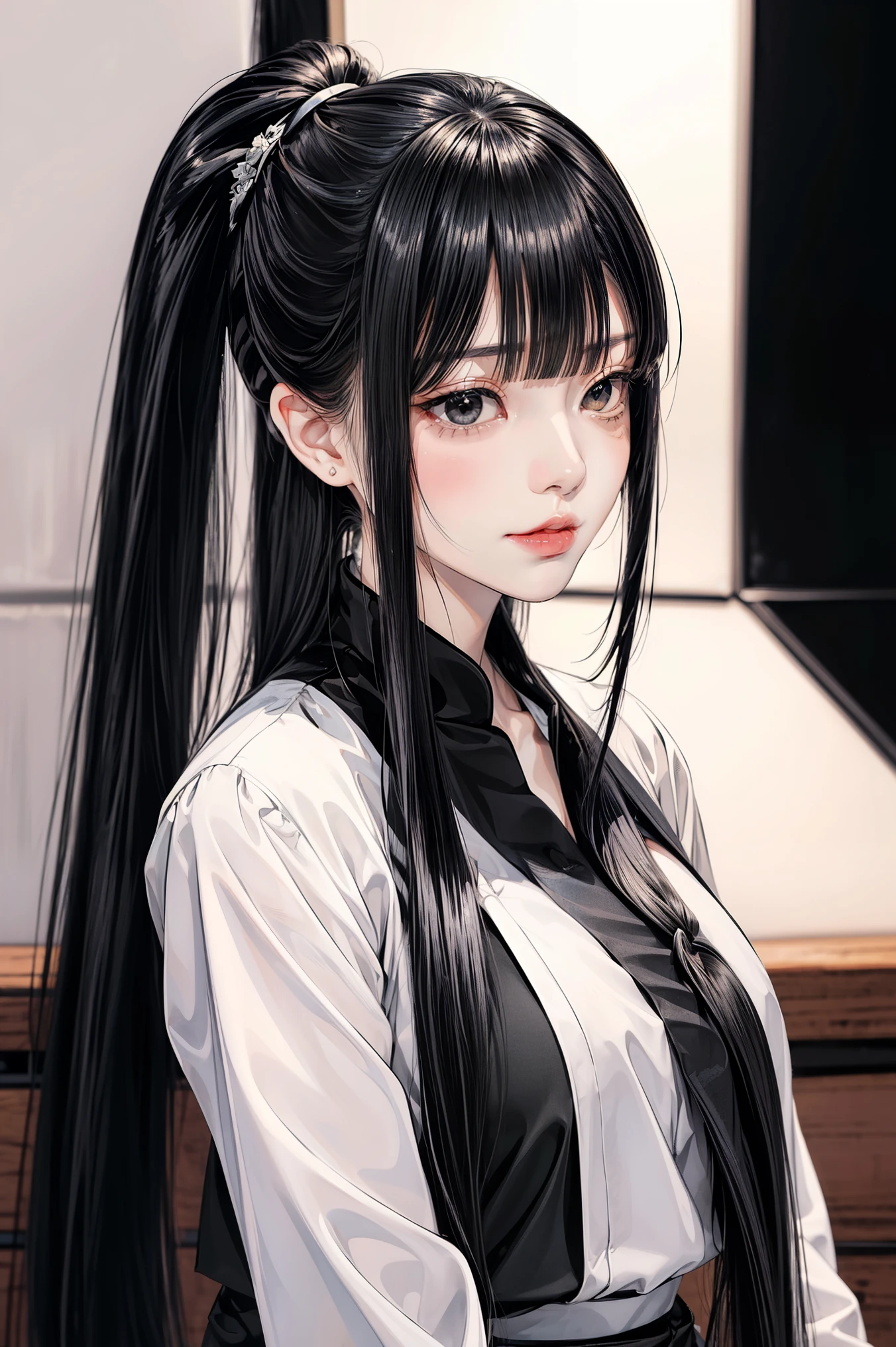 ((Classic blunt bangs:1.1)),Blunt Bangs Hairstyles, blunt bangs round face, Blunt bangs korean, aesthetic korean bangs,  Blunt Cut Bangs Straight Long Hair,((High Ponytail:1.5)),(((Blunt bangs,Straight bangs:1.1))),(((Very long black hair, Ridiculously long black hair:1.1)))