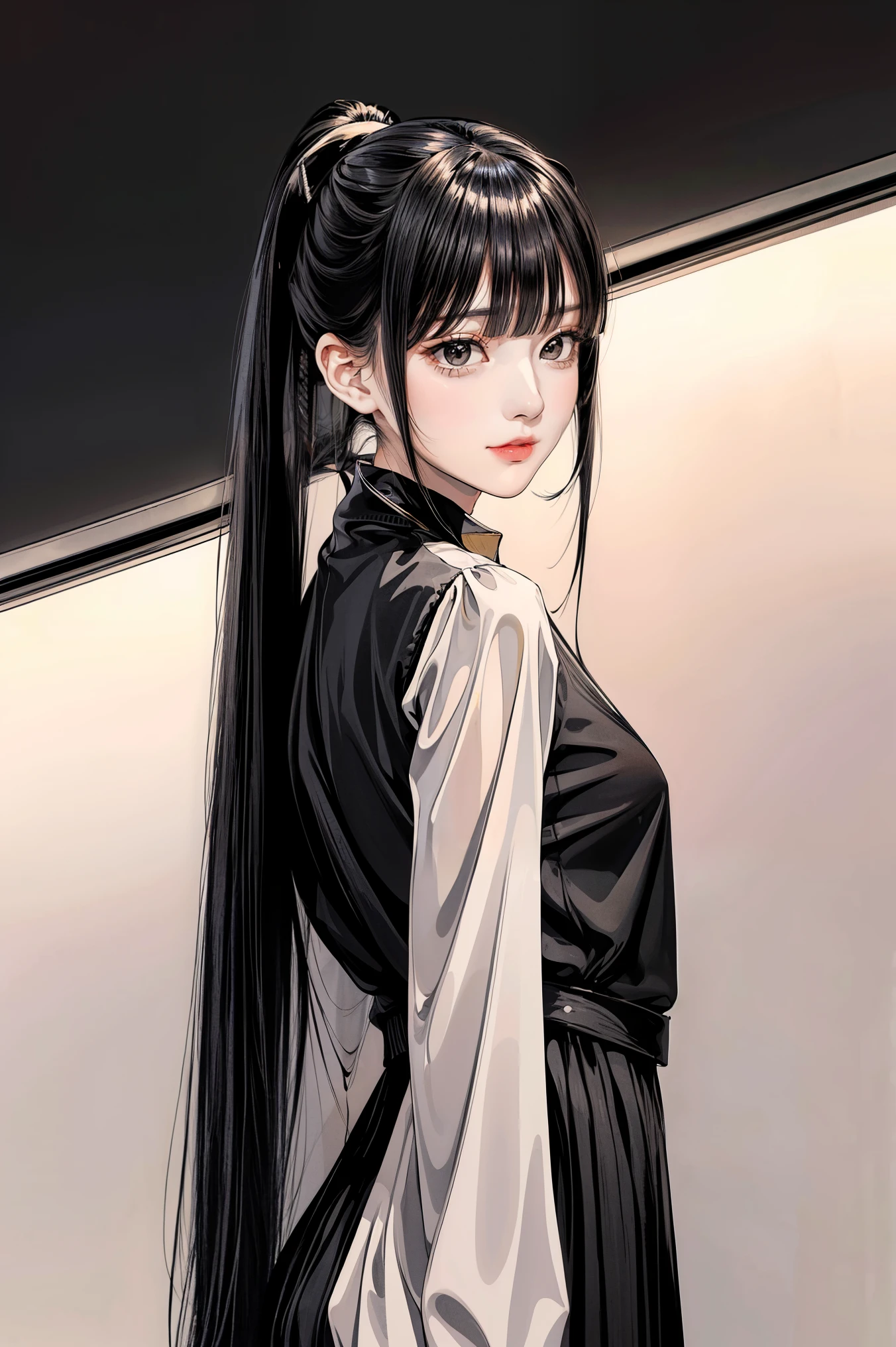 ((Classic blunt bangs:1.1)),Blunt Bangs Hairstyles, blunt bangs round face, Blunt bangs korean, aesthetic korean bangs,  Blunt Cut Bangs Straight Long Hair,((High Ponytail:1.5)),(((Blunt bangs,Straight bangs:1.1))),(((Very long black hair, Ridiculously long black hair:1.1)))