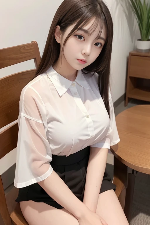 Close-up of a woman in a white blouse sitting on a chair, gorgeous young korean woman, white clothes are very transparent, I can see your chest