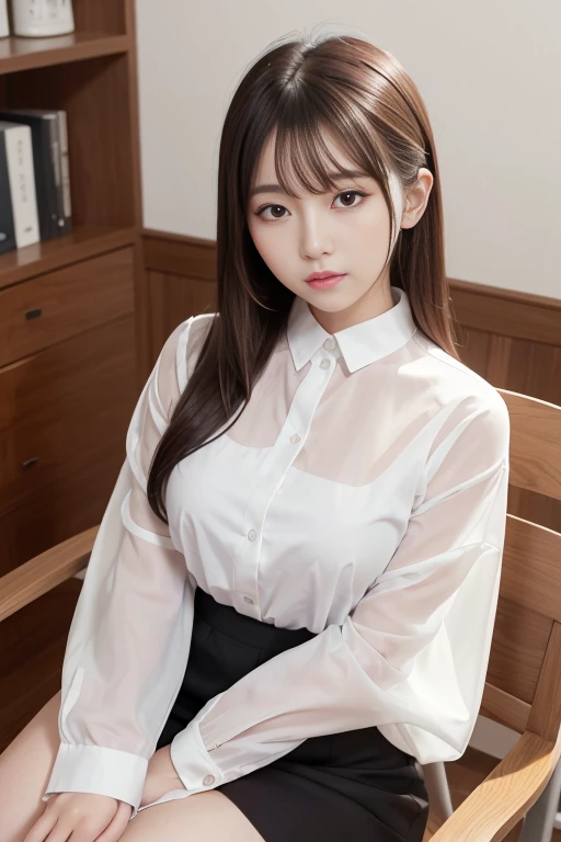 Close-up of a woman in a white blouse sitting on a chair, gorgeous young korean woman, white clothes are very , I can see your chest