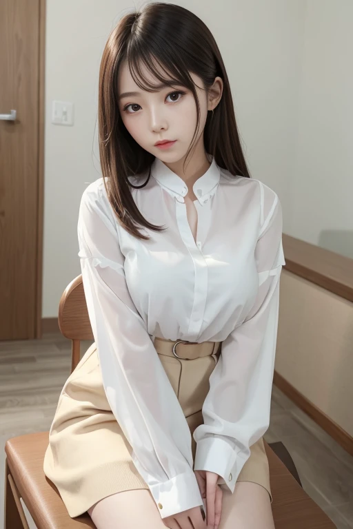 Close-up of a woman in a white blouse sitting on a chair, gorgeous young korean woman, white clothes are very transparent, I can see your chest