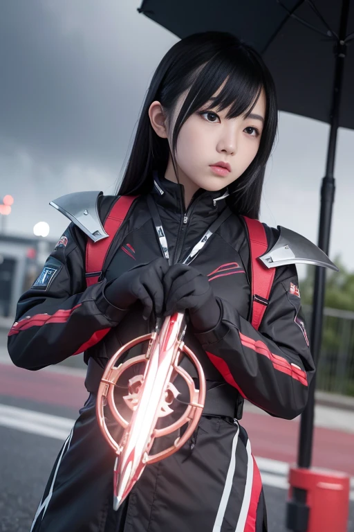 1 Japanese girl, warframe, complicated pattern, heavy metal, energy line, faceless, shining eyes, elegant, intense, blood red and black uniform, alone, modern, city, street, dark clouds, thunderstorm, heavy rain,, dramatic lighting,, (masterpiece:1.2), highest quality, High resolution, beautiful, very detailed, perfect lighting,