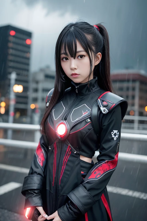 1 Japanese girl, warframe, complicated pattern, heavy metal, energy line, faceless, shining eyes, elegant, intense, blood red and black uniform, alone, modern, city, street, dark clouds, thunderstorm, heavy rain,, dramatic lighting,, (masterpiece:1.2), highest quality, High resolution,   beautiful, very detailed, perfect lighting,