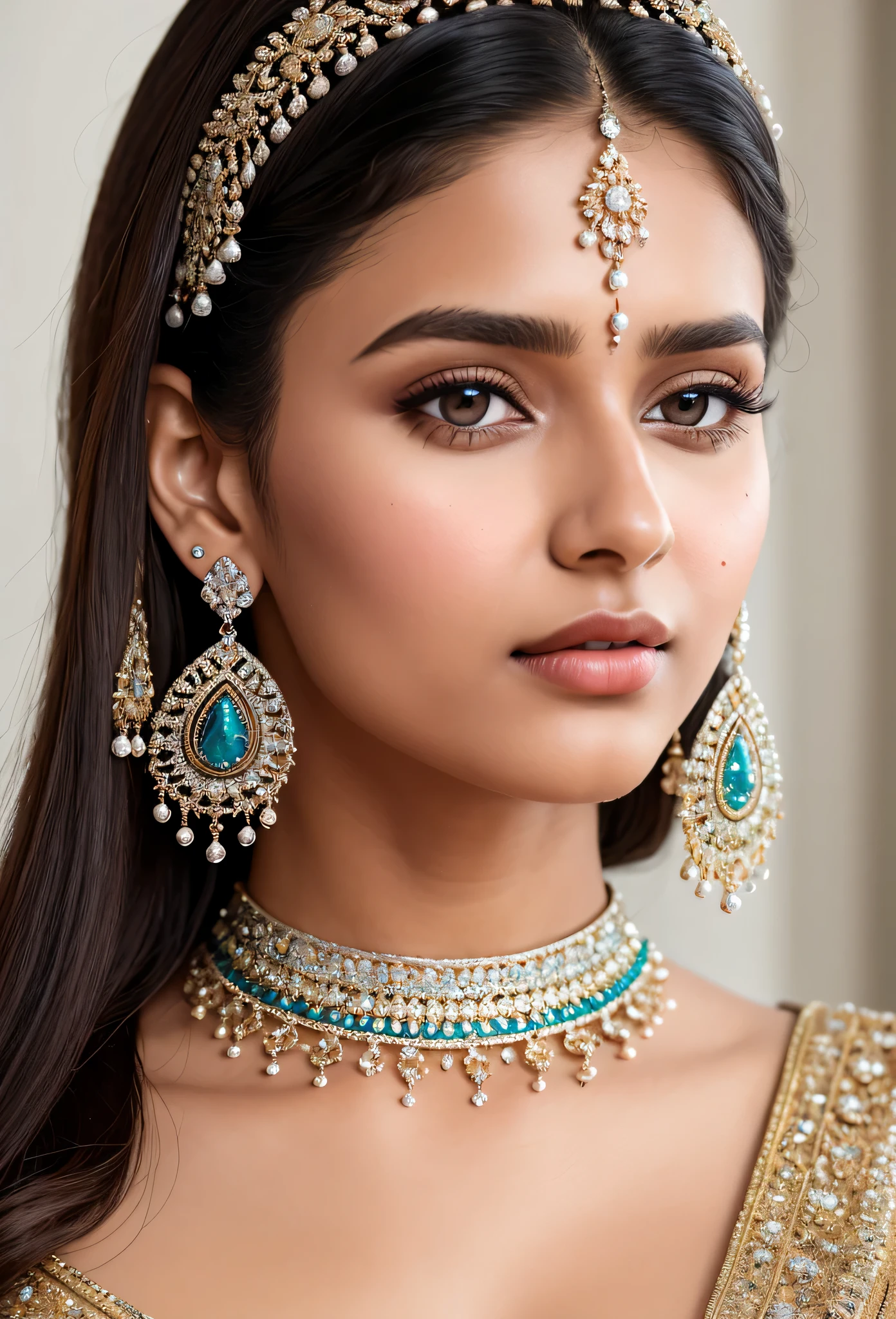 (masterpiece, best quality), intricate details, realistic, photorealistic, a close up of a 22 year old indian girl wearing earrings, inspired by Emma Andijewska, draped in crystals, silver color, long earrings, sandra chevier, huge earrings, 2019, blue-eyed, platinum jewellery, earring, flawless structure, silver earring,