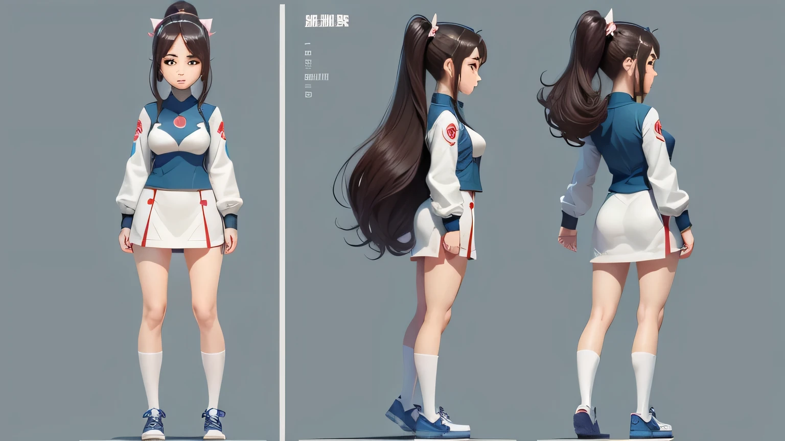 cartoon,20 year old female character,Generate three views,Front view、side view and rear view,Maintain consistency and uniformity