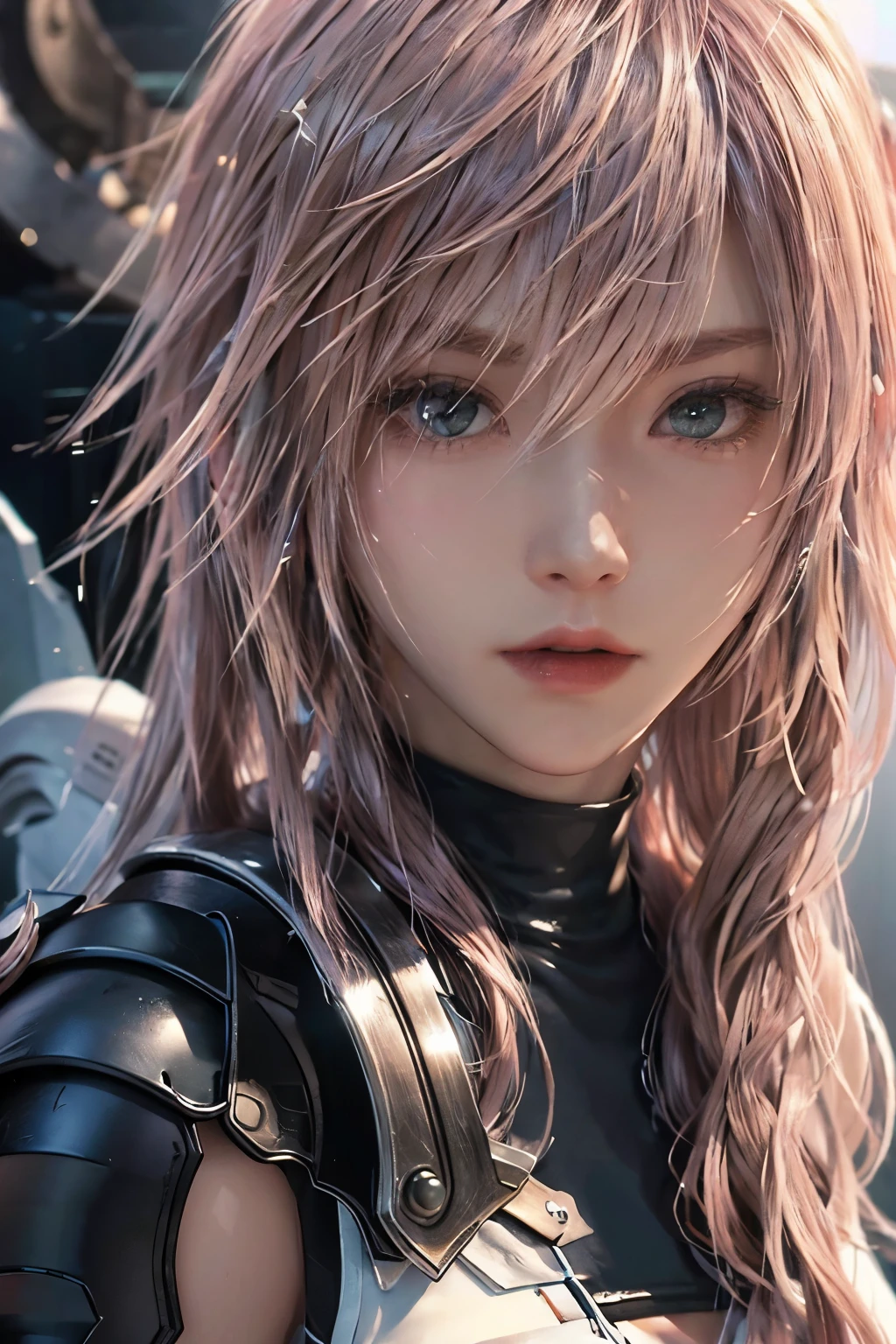 best quality, high res, high detail, lightning, final fantasy XIII, looking at viewer, close up, white and cream armor, red cape, 