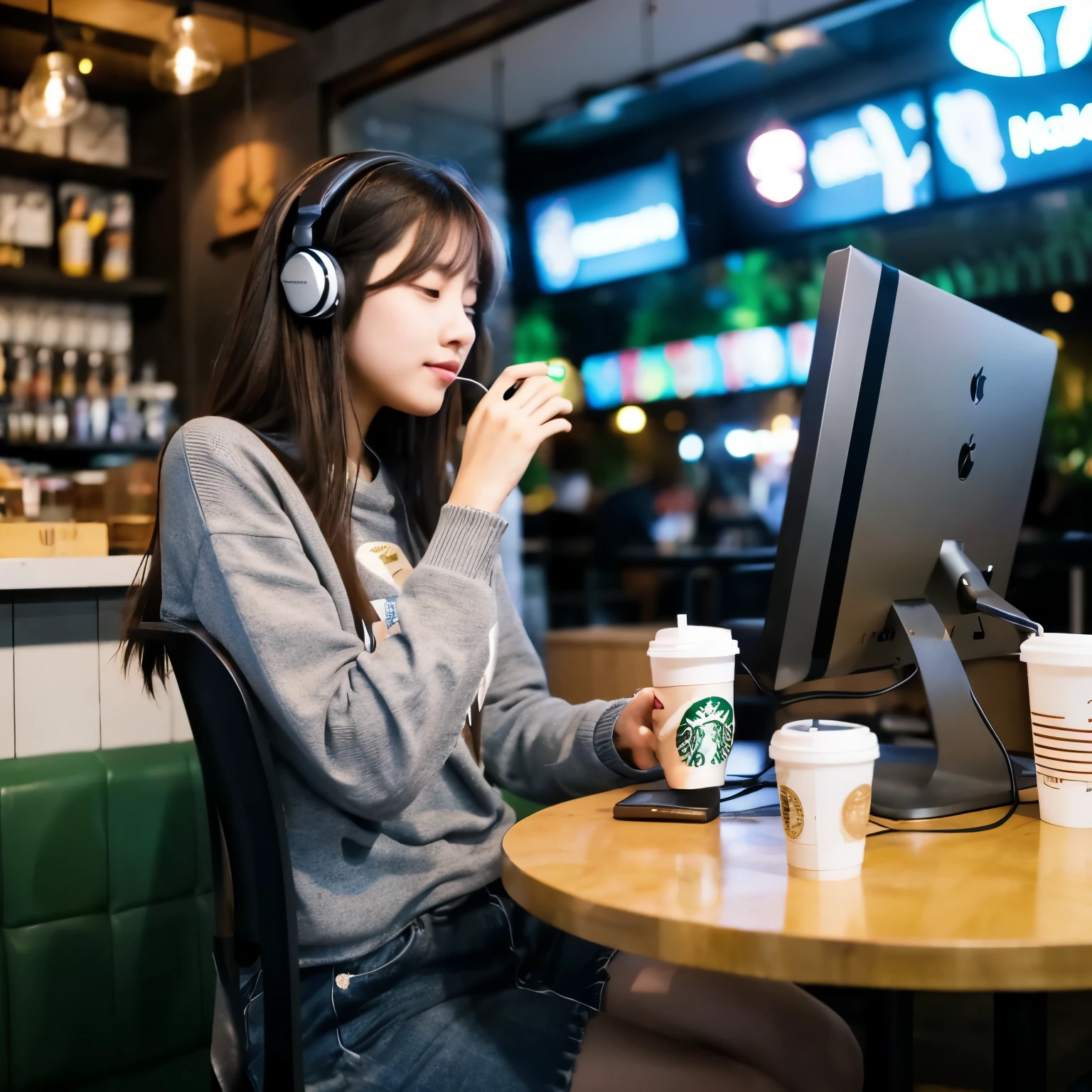 headphone,night cafe,19 year old girl,touching a Mac,Starbucks,sitting in a chair,Horizontal posture