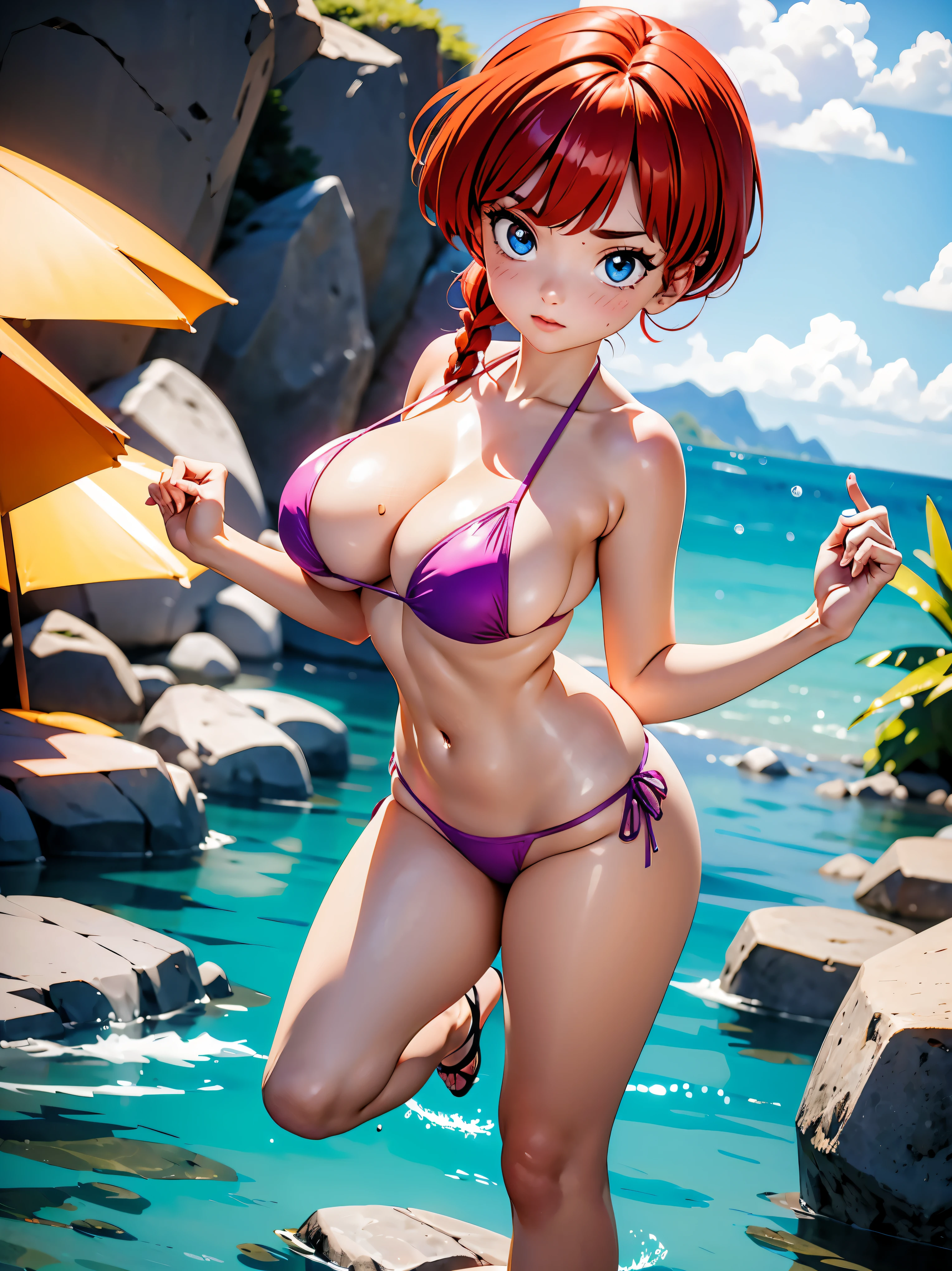 Redhead anime with pink and purple half-transparent bikini , saia, , corpo bonito, seios grandes, with hands behind head, running your hands through your hair, Garota sexy, red short hair with braid, mechas de cabelo laterais, mechas de cabelo na lateral do rosto, beautiful lighting, sombras suaves, olhos azuis, pernas bonitas, short hair with braid, estilo anime, Ranma Chan, Autora Rumiko Takahashi, Baseado em obra de Rumiko Takahashi, Anime Ranma 1/ 2, decote sexy, quadril robusto, corpo inteiro, corpo inteiro, busto grande, garota jovem com corpo belo e bonito, sandals on his feet, garota 16 anosbaixa estatura, usando bikini pink e purple meio transparente, garota anime, estilo anime, beautiful feet in sandals, 45° viewing angle, ao ar livre, red hair braid, grande , grande breast