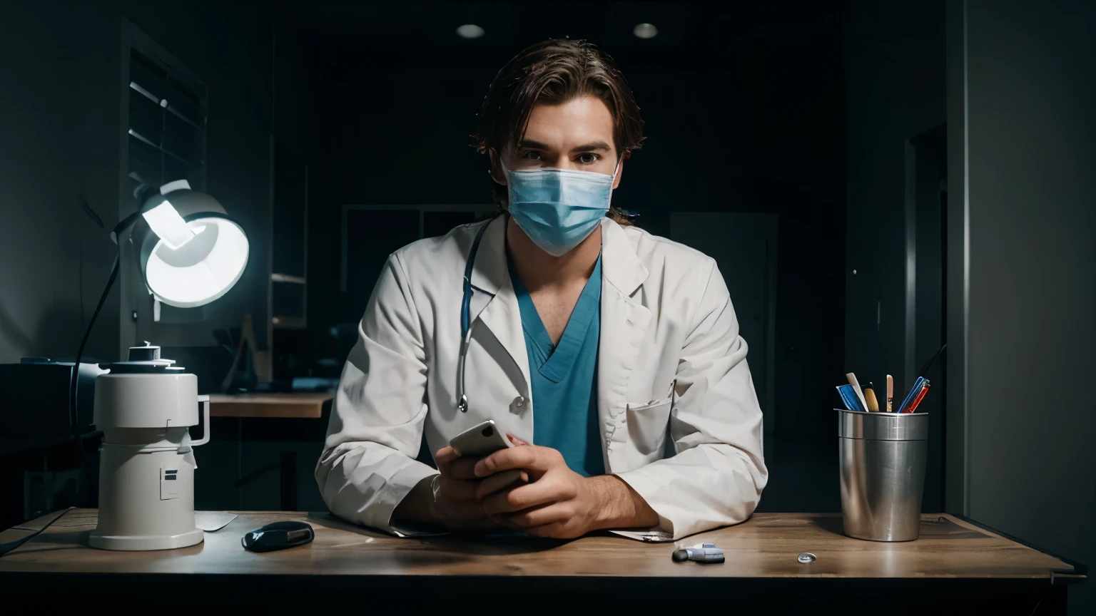 generate ultra realistic male doctor with face mask sitting on the work table in the dark room looking in the camera and talking