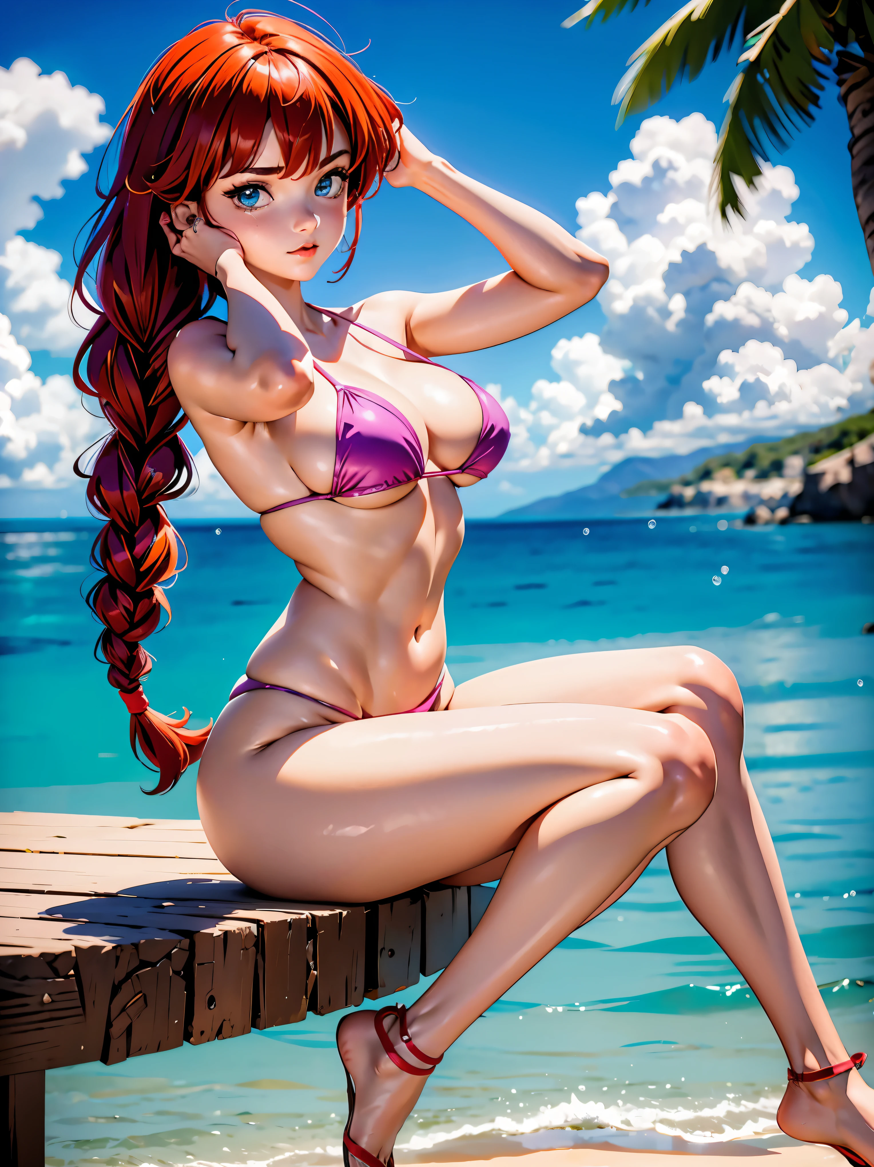 Redhead anime with pink and purple half-transparent bikini , saia, , corpo bonito, seios grandes, with hands behind head, running your hands through your hair, Garota sexy, red short hair with braid, mechas de cabelo laterais, mechas de cabelo na lateral do rosto, beautiful lighting, sombras suaves, olhos azuis, pernas bonitas, short hair with braid, estilo anime, Ranma Chan, Autora Rumiko Takahashi, Baseado em obra de Rumiko Takahashi, Anime Ranma 1/ 2, decote sexy, quadril robusto, corpo inteiro, corpo inteiro, busto grande, garota jovem com corpo belo e bonito, sandals on his feet, garota 16 anosbaixa estatura, usando bikini pink e purple meio transparente, garota anime, estilo anime, beautiful feet in sandals, 45° viewing angle, ao ar livre, red hair braid,  grande , grande breast