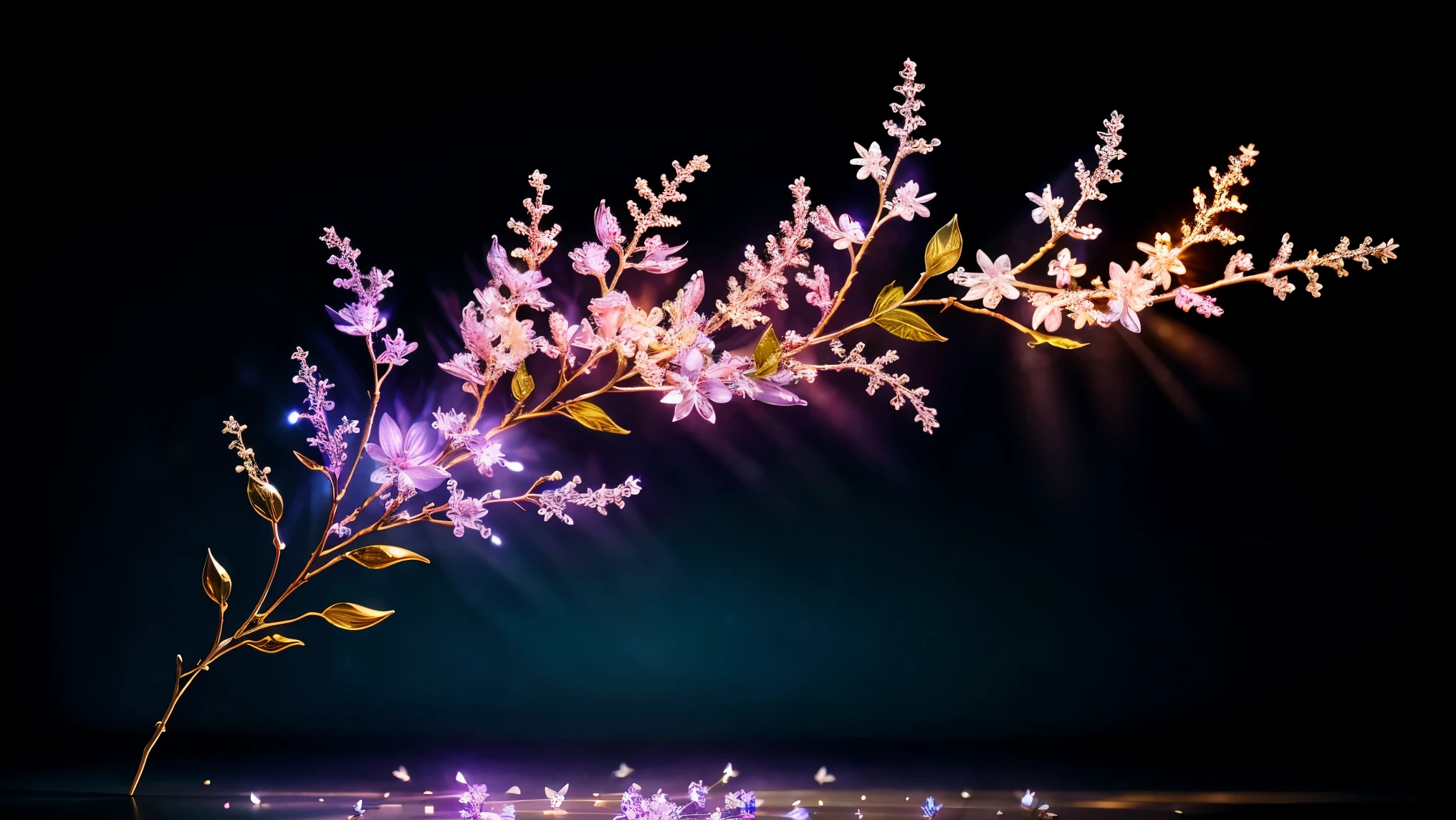 branch of delicate lilac flowers, super transparent, holy light, beautiful spectral light, petals glow, flashing, dark background, drops of transparent light, reflective light, bright, light streaming in, optics, portrait profile, sharp focus, magical, intricate, ultra realistic, fantasy, composition, light, trend on artstation, pearl, patronus cloud of silvery vapor, corrosive enveloping ray family, 8k, ureal ar 23v4 uplight
