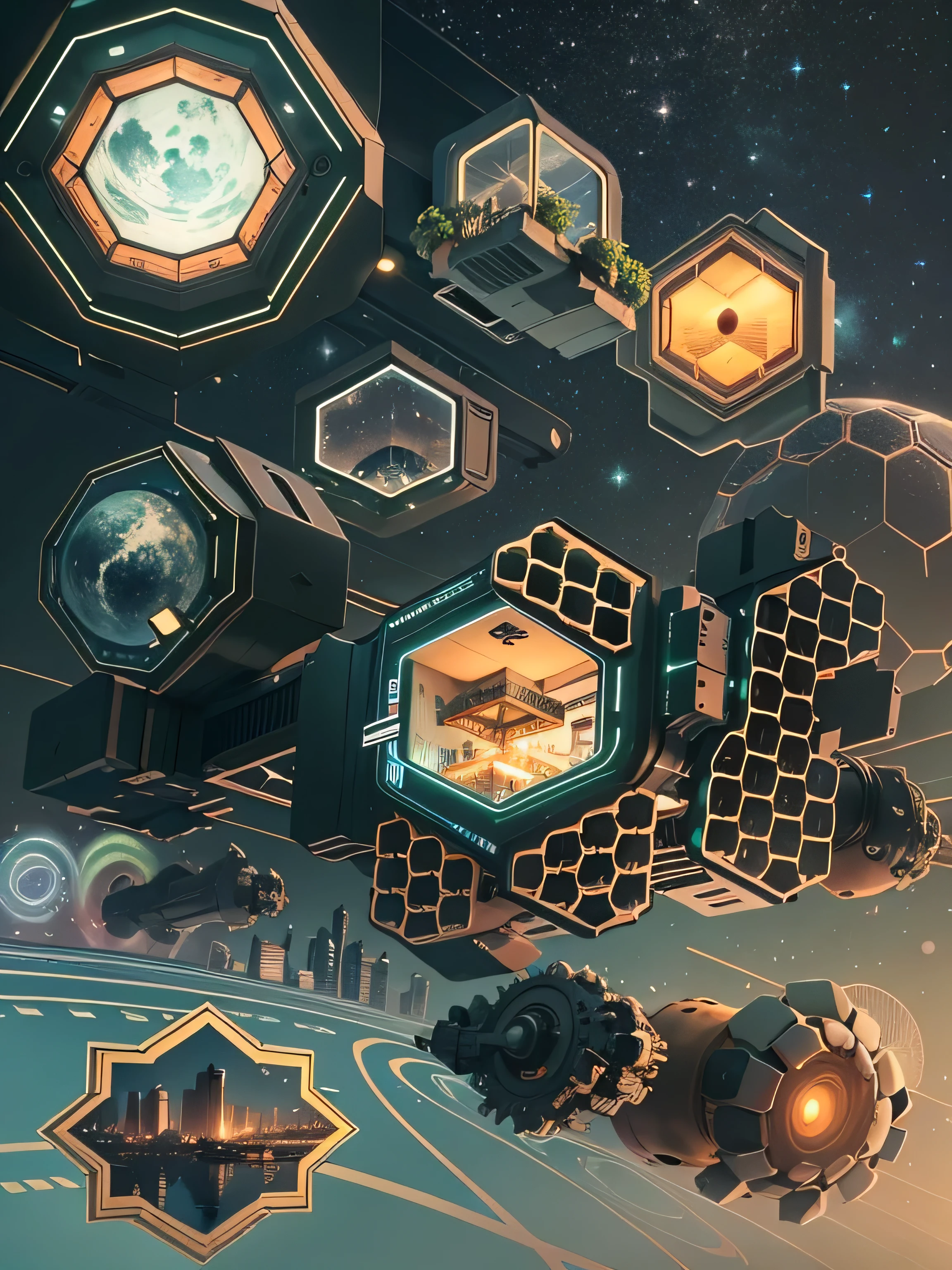 The floating cells of the future of transportation, actual, Work, cyberpunk, HOVERcar STYLE, car, flight, Air,City, street, THROUGH THE Air, drive, High, building, Ski facilities, CitySCAPE,Used to travel between universes,Beehive logo on the cabin,Each space has a different division of labor,Traveling the universe background