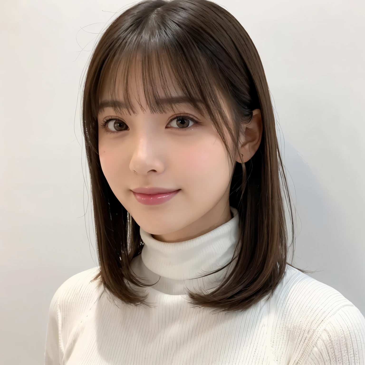 (highest quality、table top、8k、best image quality、Award-winning work)、One cute high school girl、(alone:1.1)、straight medium hair、perfect bangs、(Perfect see-through turtleneck knit:1.3)、(The simplest pure white background:1.3)、(Perfectly fixed on the front:1.1)、close up of face、(very big breasts:1.2)、(emphasize body line:1.2)、close up of face、(Perfect frontal and horizontal portrait of a woman with proper white space:1.2)、(Perfect depiction of a woman horizontally and from the front:1.2)、beautiful and detailed eyes、look at me and smile、(Upright photo from the chest up:1.2)、(turn around and look straight at me:1.2)、perfect makeup、Ultra high definition beauty face、ultra high definition hair、Super high-definition sparkling eyes、Super high resolution glossy lips、accurate anatomy、very beautiful skin、(Pure white skin that shines with ultra-high resolution:1.1)、Elegant upright posture when viewed from the front、(very bright:1.2)、(very strong exposure:1.2)、(Very bright and low color temperature:1.2)、(very high brightness:1.2)