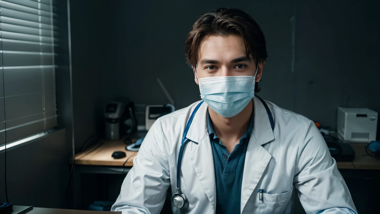 generate ultra realistic male doctor with face mask sitting on the work table in the dark room looking in the camera and talking