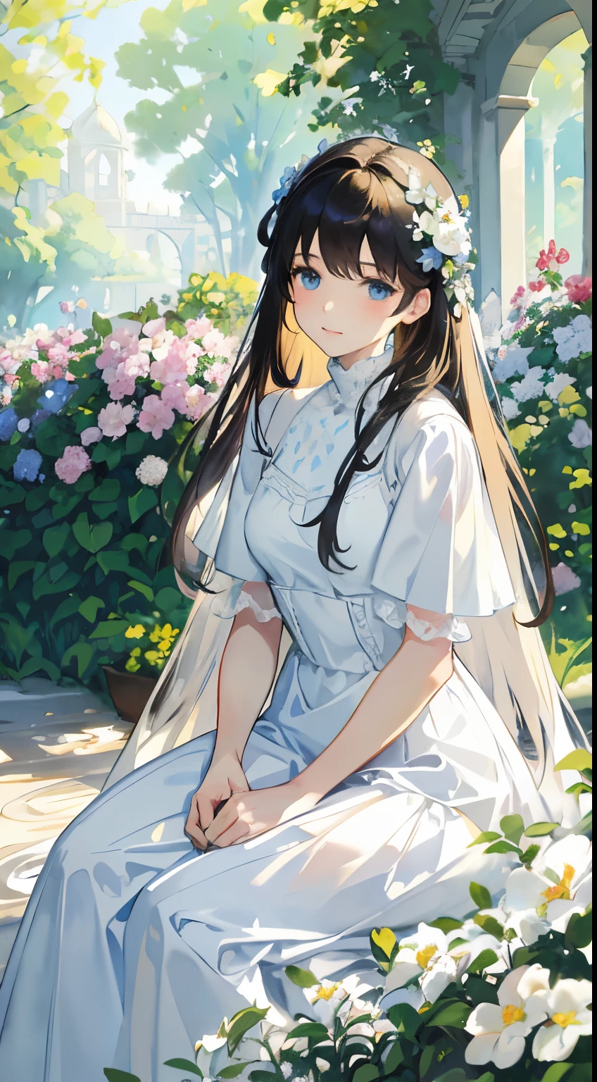 (Sargent style watercolor)、(highest quality、masterpiece)、soft light、(bright and sharp blue eyes), (flowing white dress), (Set in lively gardens), (Surrounded by blooming flowers and lush greenery), (Warm light and gentle sunshine), (A subtle breeze gently rustles her hair), [soft pastel colors], [Impressionist brush strokes], [dreamy atmosphere], (enchanting and seductive).