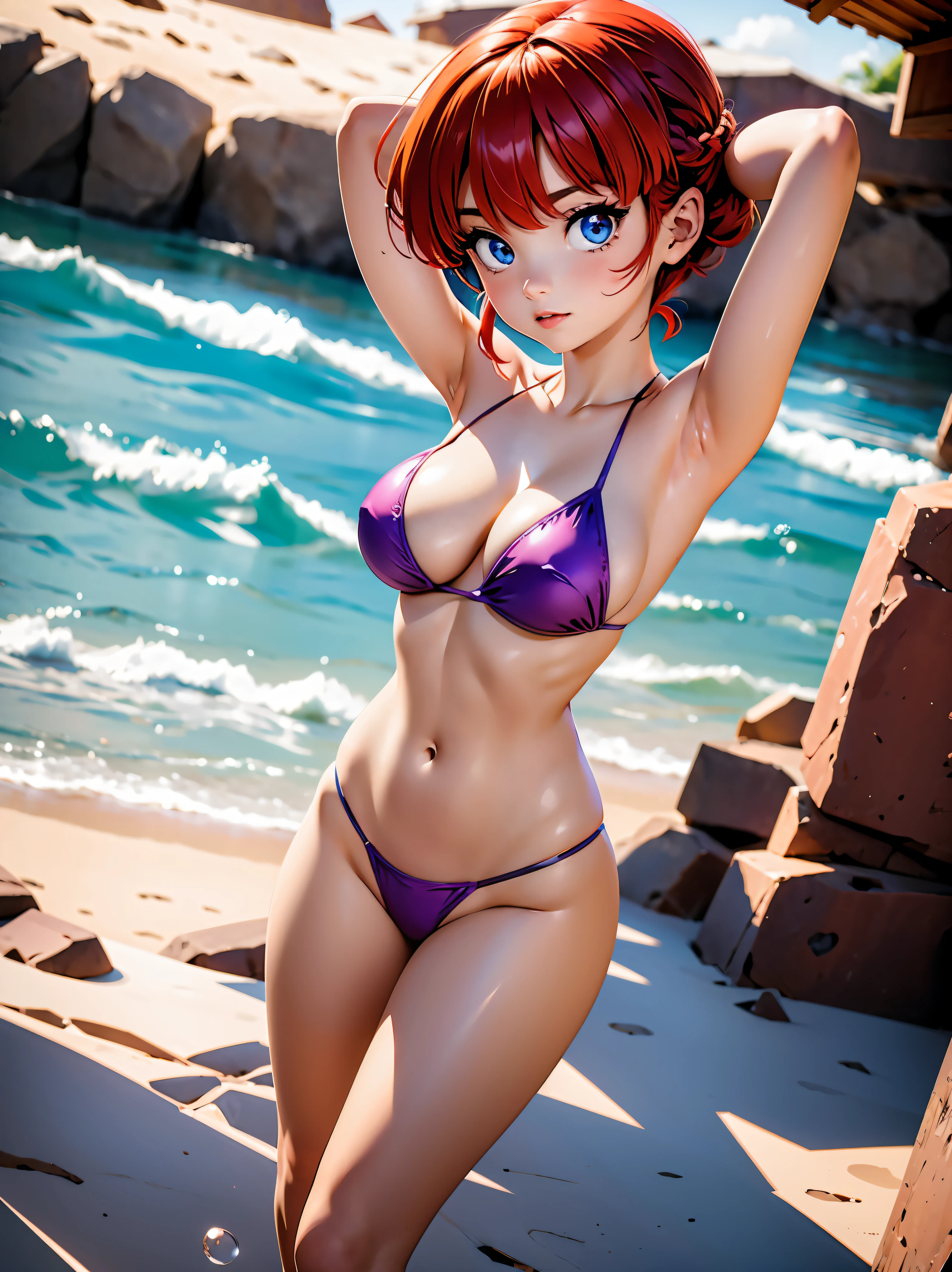 Redhead anime with pink and purple half-transparent bikini , saia, 16 anos, corpo bonito, seios grandes, with hands behind head, running your hands through your hair, Garota sexy, red short hair with braid, mechas de cabelo laterais, mechas de cabelo na lateral do rosto, beautiful lighting, sombras suaves, olhos azuis, pernas bonitas, short hair with braid, estilo anime, Ranma Chan, Autora Rumiko Takahashi, Baseado em obra de Rumiko Takahashi, Anime Ranma 1/ 2, decote sexy, quadril robusto, corpo inteiro, corpo inteiro, busto grande, garota jovem com corpo belo e bonito, sandals on his feet, garota 16 anos jovem baixa estatura, usando bikini pink e purple meio transparente, garota anime, estilo anime, beautiful feet in sandals, 45° viewing angle, ao ar livre, red hair braid,  grande , grande breast